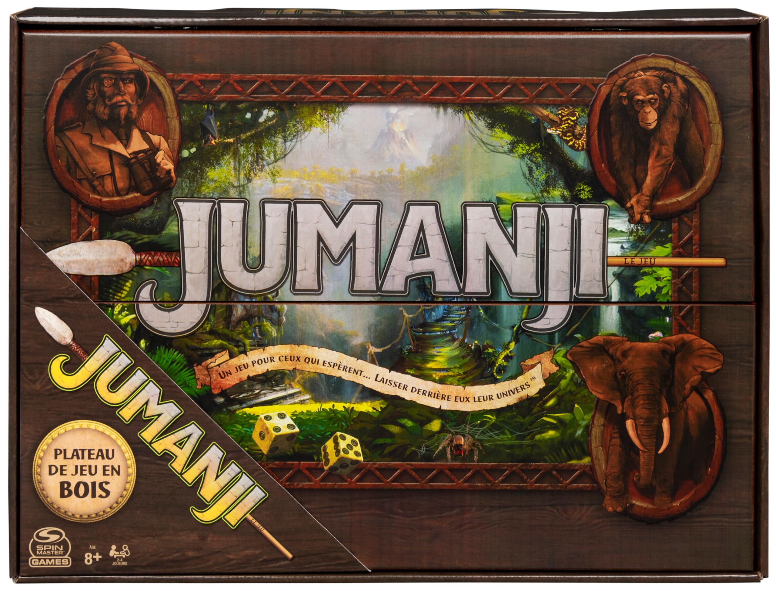 Spin Master Games - Jeu Jumanji avec Plateau Bois Retro - Jeu de Société Famille avec Nombreux Défis - Ambiance du Film Jumanji - Version Française - Jouet Enfant 8 Ans Et +