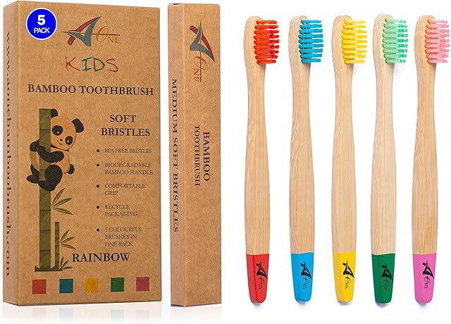Kids Bamboo Toothbrushes | Organic & Eco-Friendly | 5 Pack in Rainbow Colours | Soft & Gentle BPA-Free Bristles | Childrens Natural Wooden Toothbrush | Biodegradable | Plastic-Free Packaging