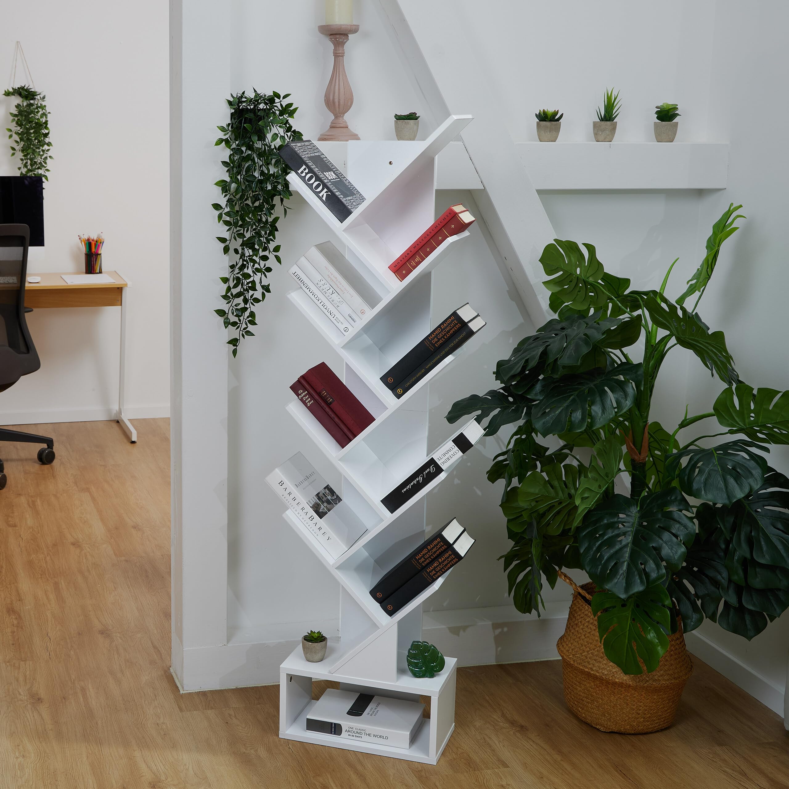 Relaxdays Petite bibliothèque prenant la Forme d'un Arbre, 9 Branches, H x L x P : 146 x 38 x 22 cm, Blanche