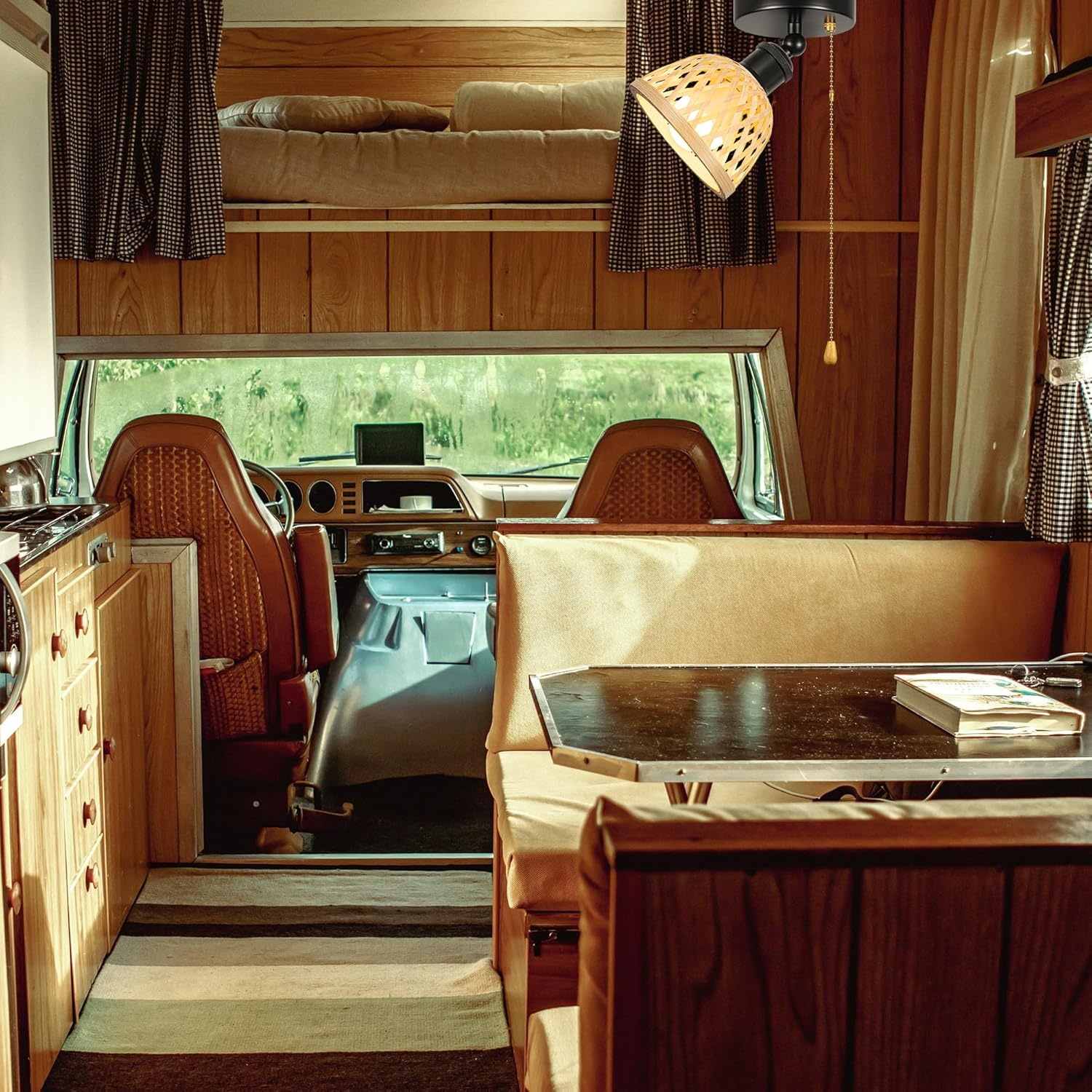 12V RV Mini Gimbaled Wall Light, Zipper Switch Natural Bamboo Boho Wicker Hand Woven Rattan Cover, Replaceable 2700K Bulb Included Semi Flush Mount Interior Lighting Decorative for Camper