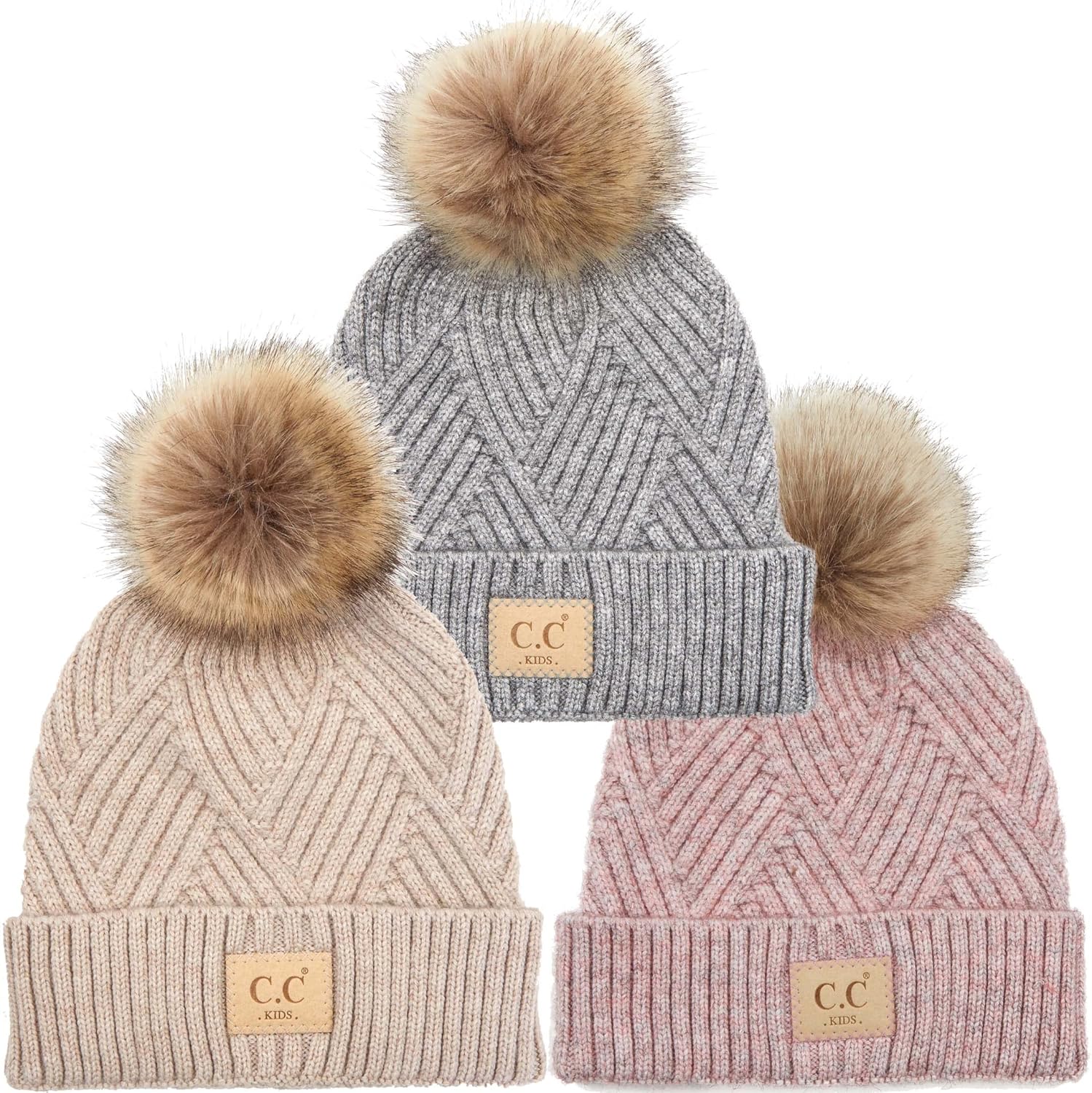 Funky Junque Girl's and boys Knit Pom Beanie Hat: Diagonal Stripes Faux Fur - Heather Grey, Beige & Rose (3 Pack)