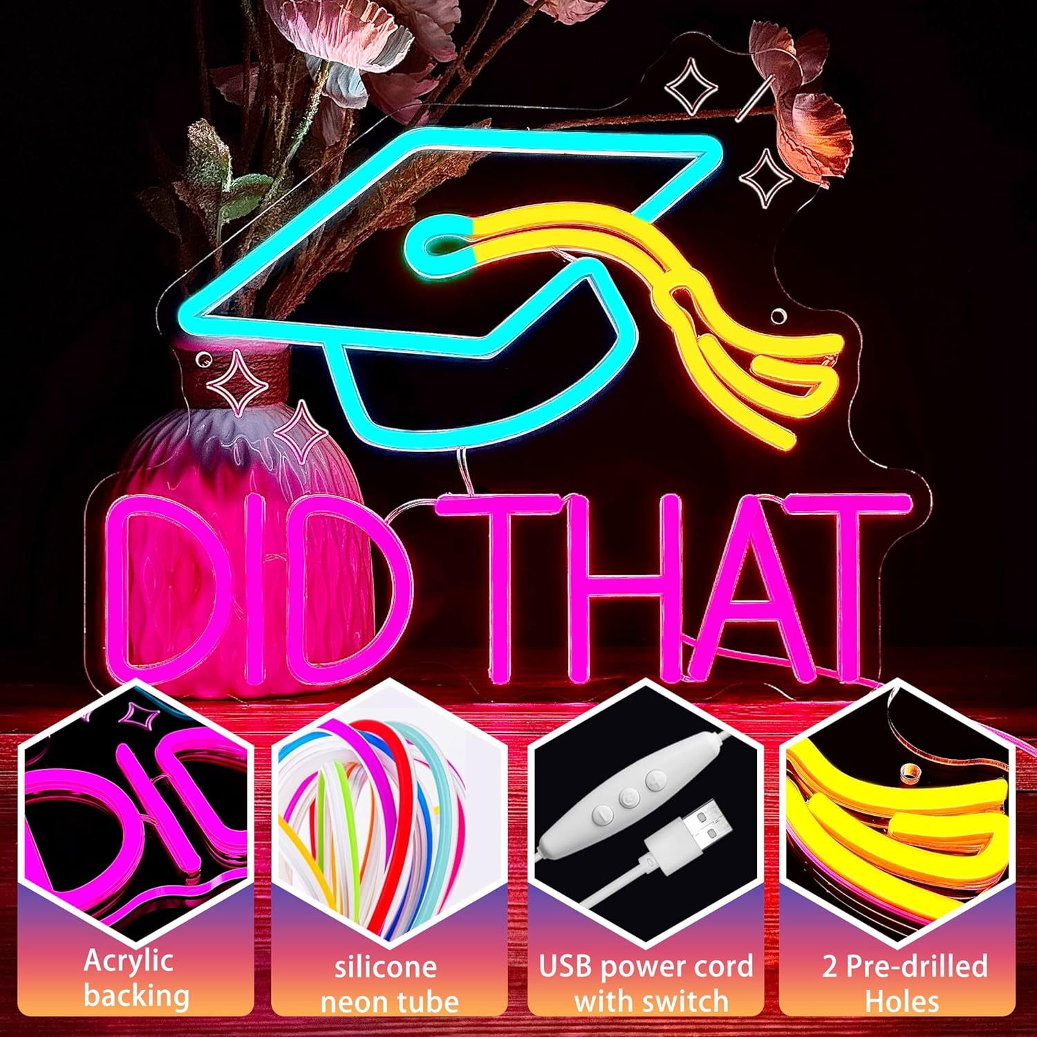 DID THAT Neon Sign for Graduation Decorations Class of 2026, 13.4" Retro Trendy Color Grad Cap LED Light with Dimmable Switch, Wall Decor for Bedroom, College Dorm, Trendy Graduation Party Supplies