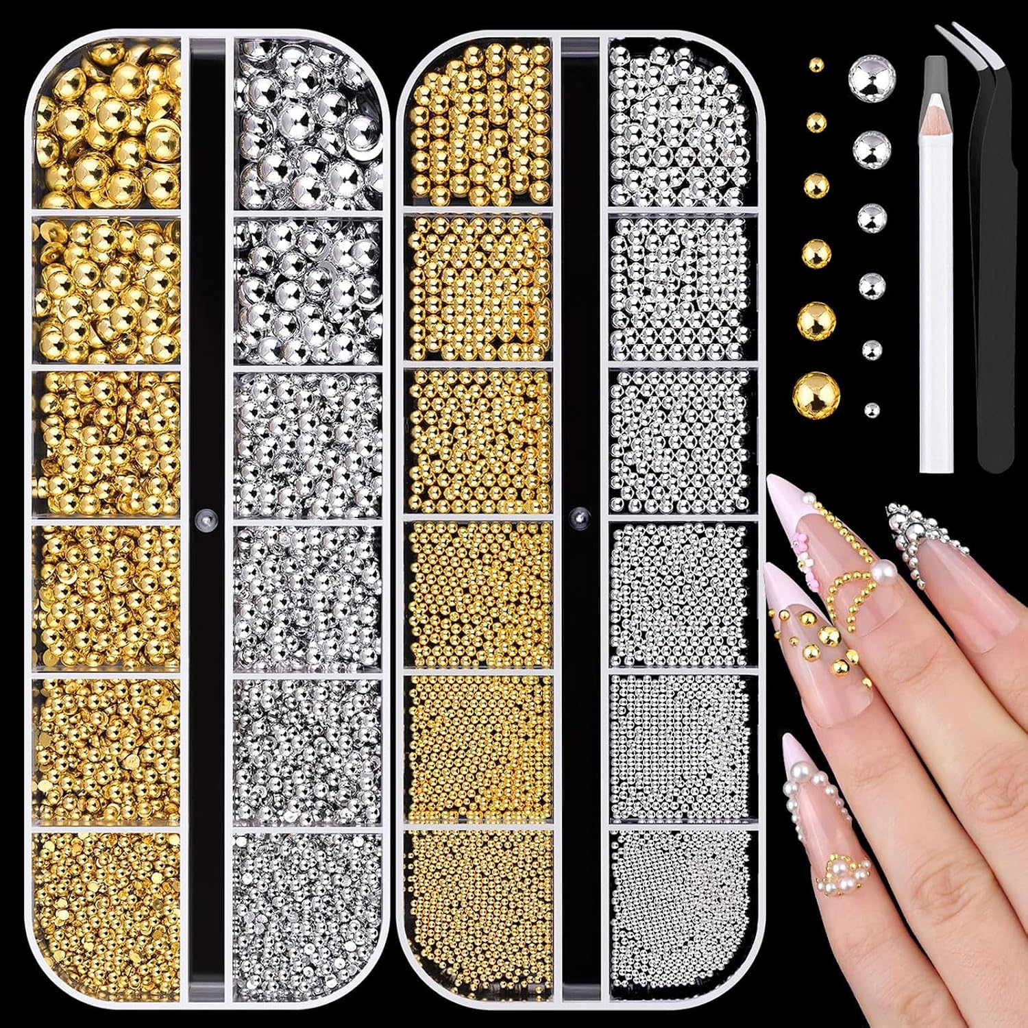 VelvetGlow Flatback koraliki i metalowe koraliki do paznokci, do zdobienia paznokci, małe okrągłe koraliki kawiorowe, akcesoria do paznokci akrylowych, dekoracji manicure (srebrne, złote)