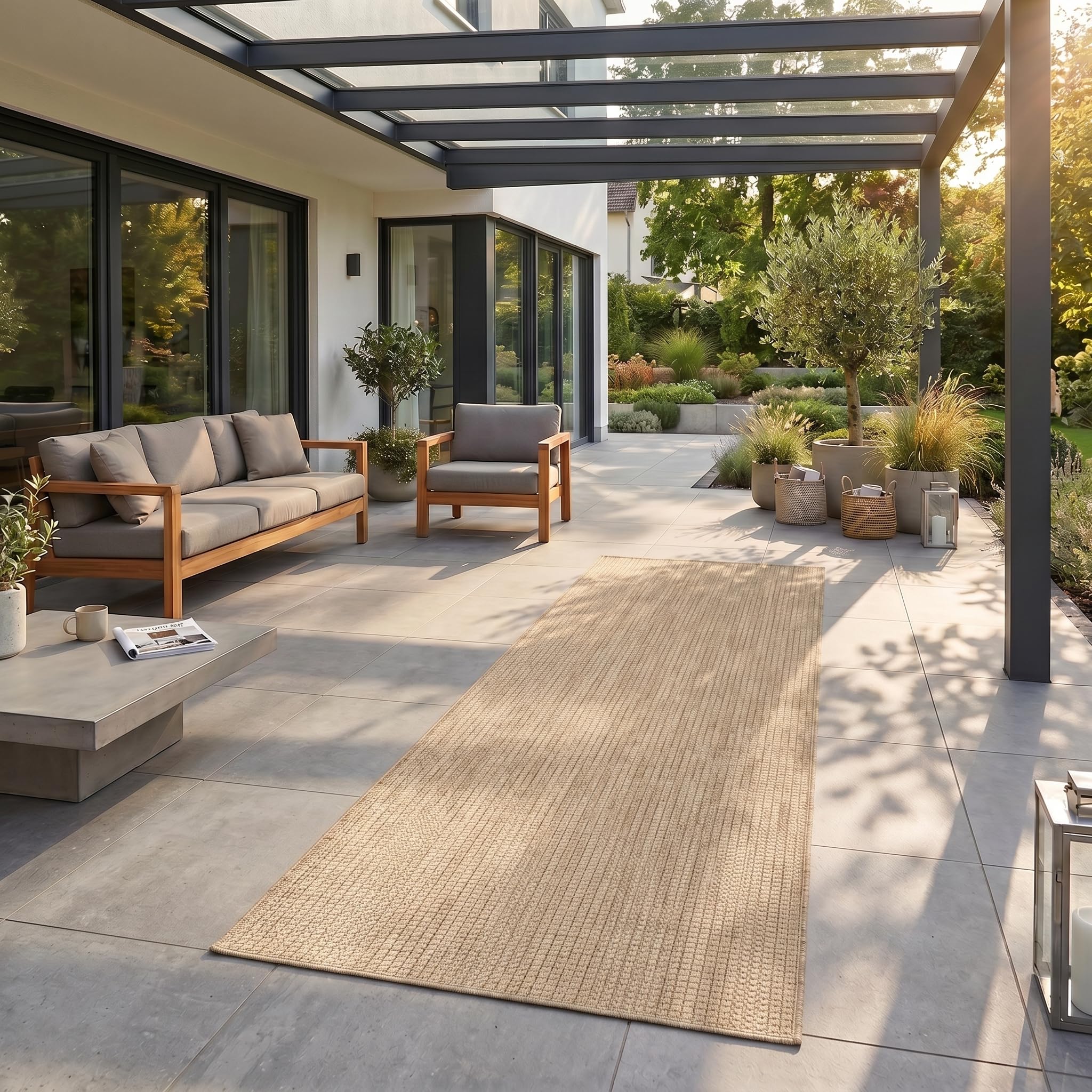 Teppium Outdoor Teppich Beige Balkon Terrasse Garten Wetterfest UV-beständig Teppich Einfarbig Flachgewebe Pflegeleicht Robust Modern