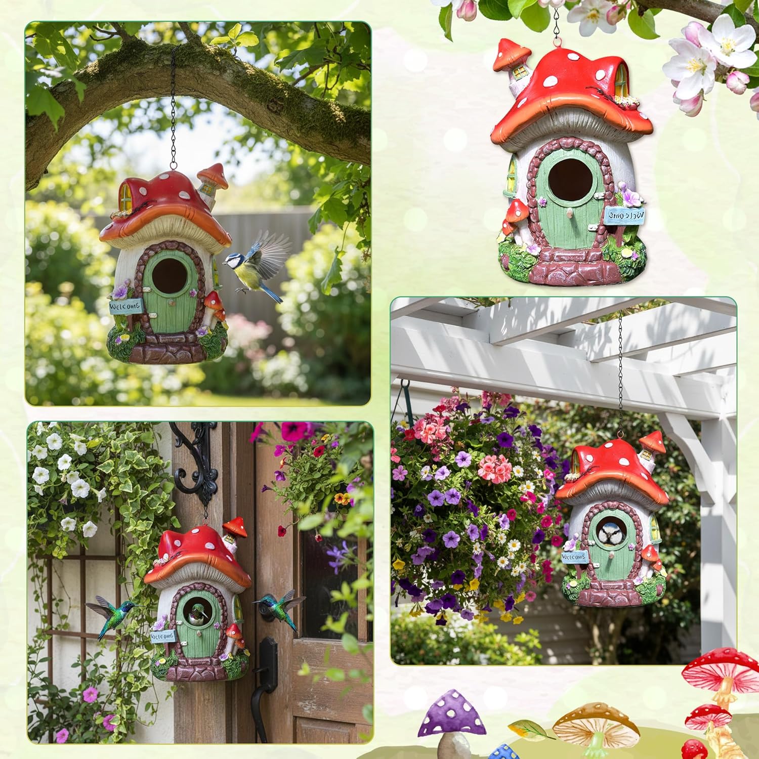 Mushroom Resin Hanging Bird House - Outdoors Waterproof Birdhouses, Charming Decoration for Garden Yard Patio Balcony, Unique Creative Gifts for Outside Ornamental & Bird Lovers