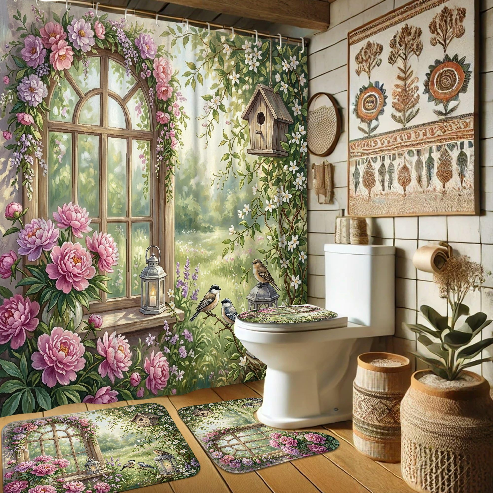 Rideau de douche fleurs et oiseaux au style champêtre pour rafraîchir votre salle de bain ce printemps