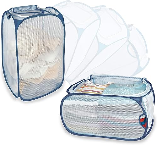 Smart Design Cestas plegables de lujo para la ropa sucia, con capacidad para hasta 3 cargas, color blanco y azul, se coloca para una fácil