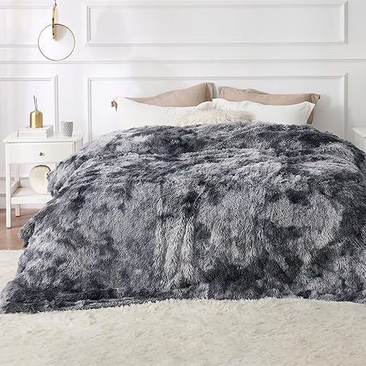 Bedsure Fluffy Blankets Queen Size for Bed, Thick Warm Sherpa Fleece Faux Fur Full Queen Blankets for Winter, Fuzzy Plush Soft Bedroom Decor Tie Dye Grey Bedding Cozy Gifts for Women Men, 90x90
