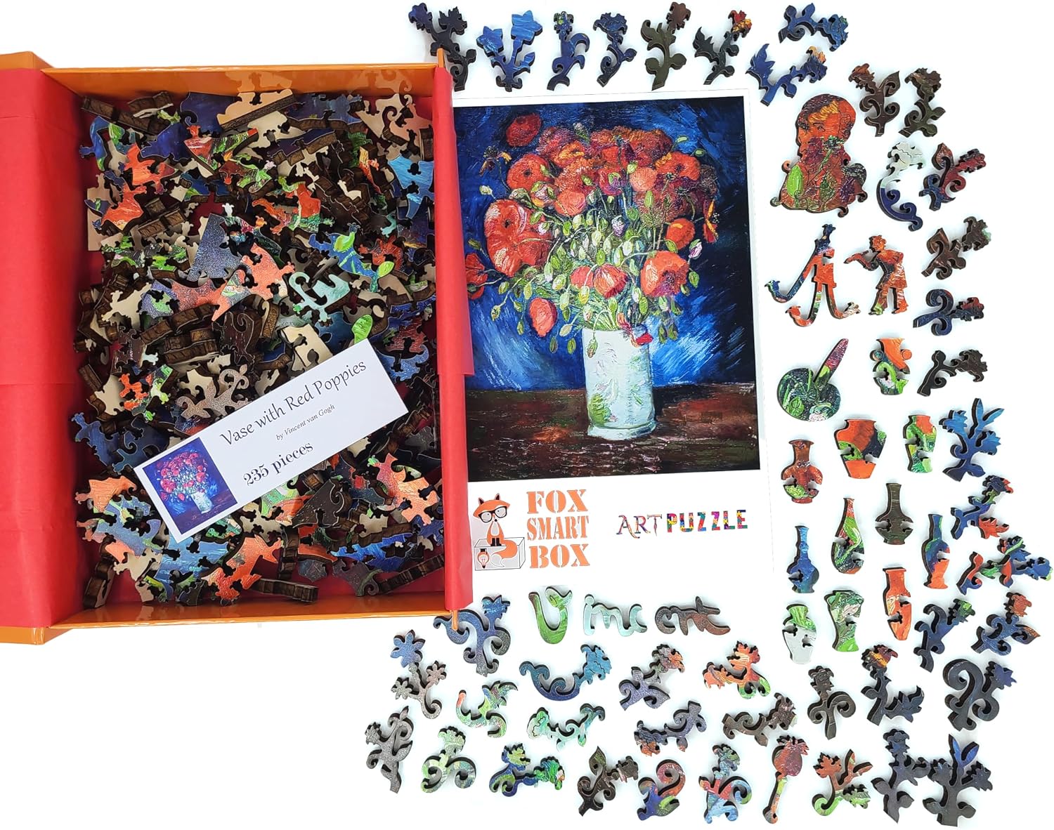 Large Format Wooden Puzzle for Adults and Seniors - Large Pieces Puzzle - Uniquely Shaped Pieces - Made in The USA by FoxSmartBox - 235 Pieces - Vase with red Poppies