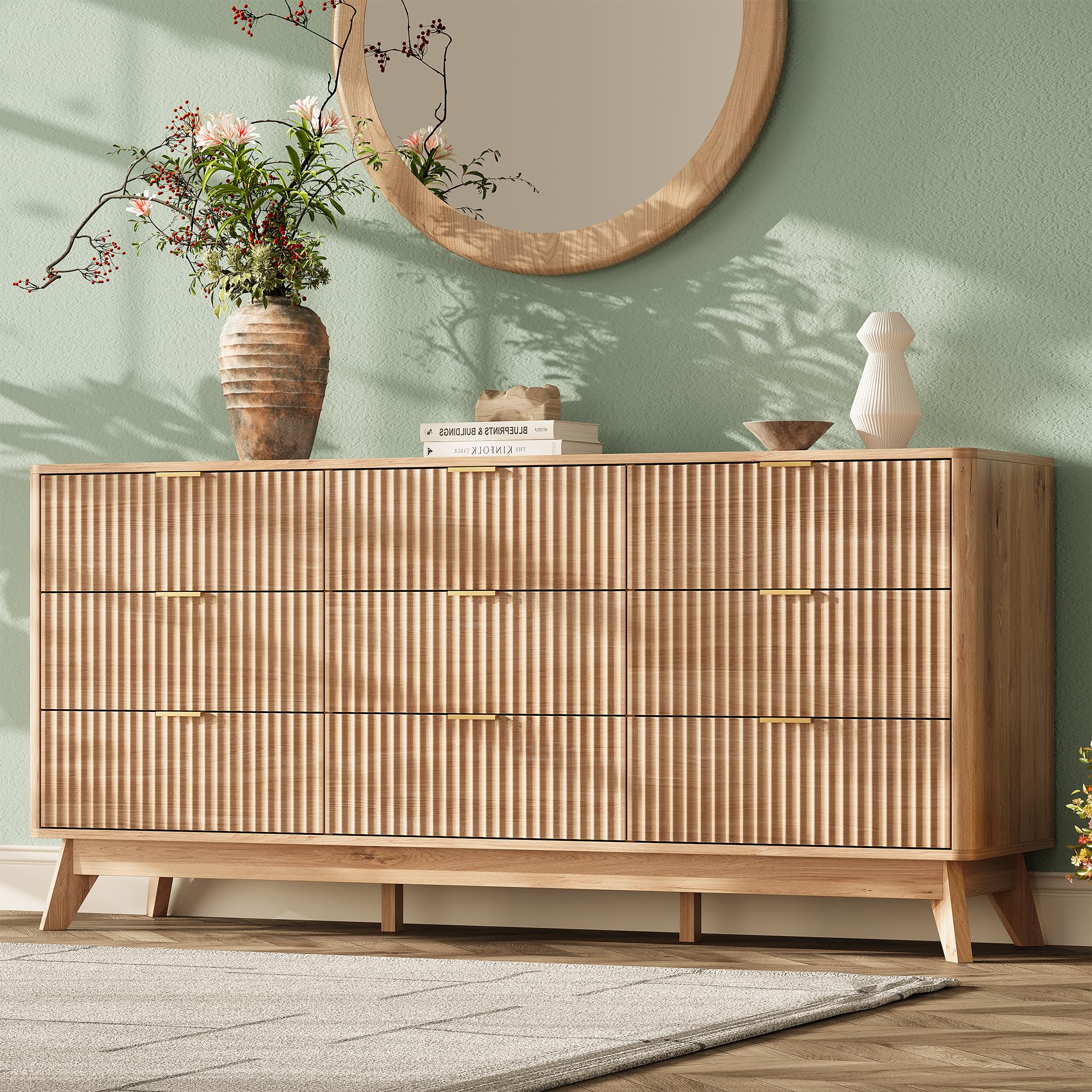 63'' Wide 9 Drawers Dresser for Bedroom,Modern Fluted Vertical Chest with Rounded Corners,Fluted Dresser for Living Room,Hallway, Natural Wood