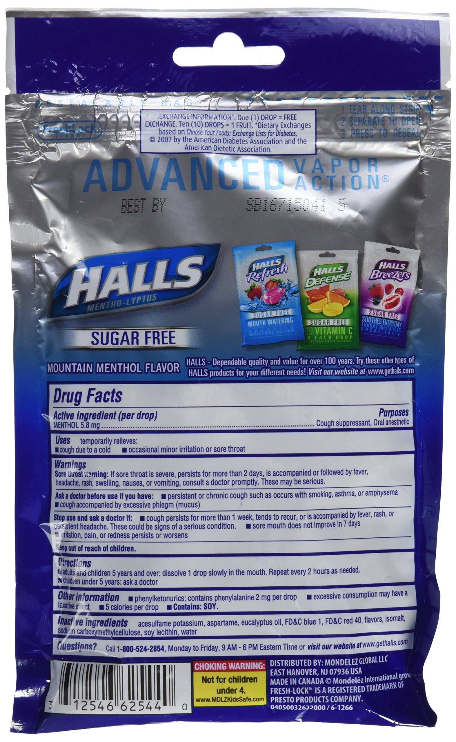 Cos5 Halls Sugar Free Mountain Menthol Flavor of Triple Soothing Action