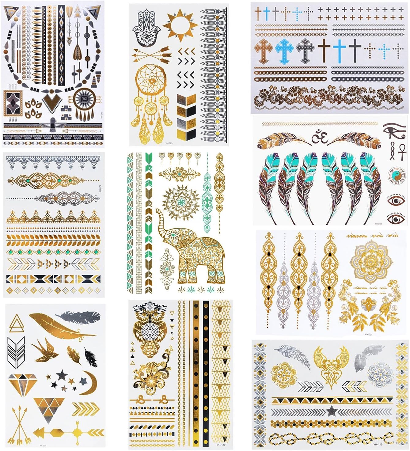 Metallic Temporary Tattoos, 10 Sheets 150+ Flash Tattoos Boho Shimmer Designs in Gold and Silver Premium Metallic Jewelry Tattoos (Multicoloured)