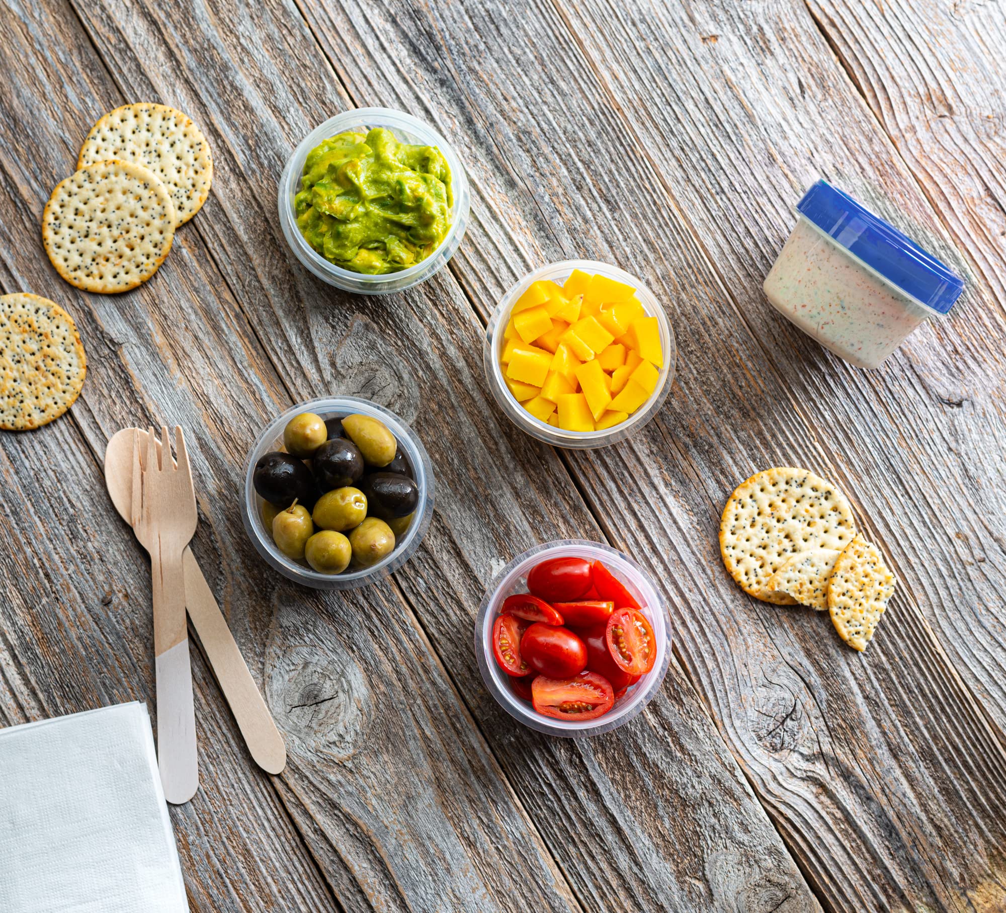 Elegant Disposables Twist Top - Contenedores pequeños de almacenamiento de alimentos, tapa de rosca azul, reutilizables, apilables, herméticos, paquete de 20 recipientes de 4 onzas