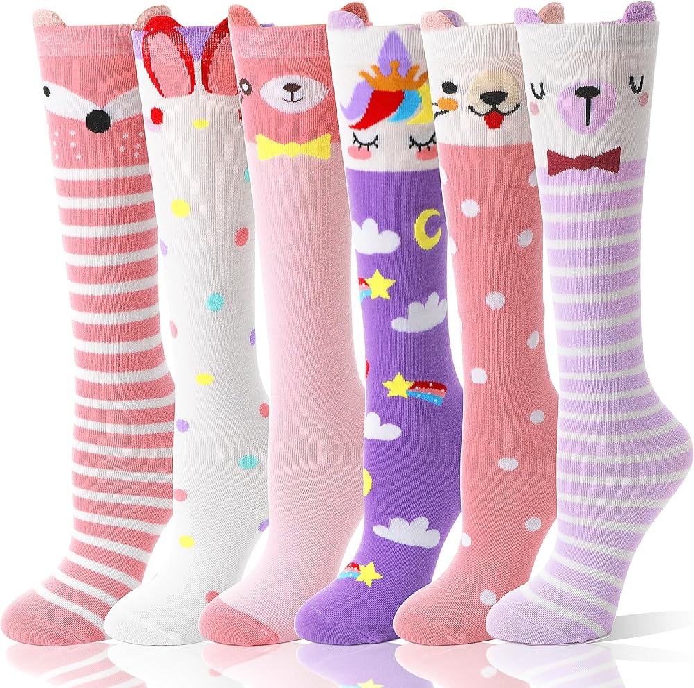 MOGGEI 아동용 여아용 무릎 높이 양말 선물 롱 크레이지 우스꽝스러운 톨 재미있는 부츠 귀여운 동물 어린이 재미있는 양말 6쌍 — 사진 1