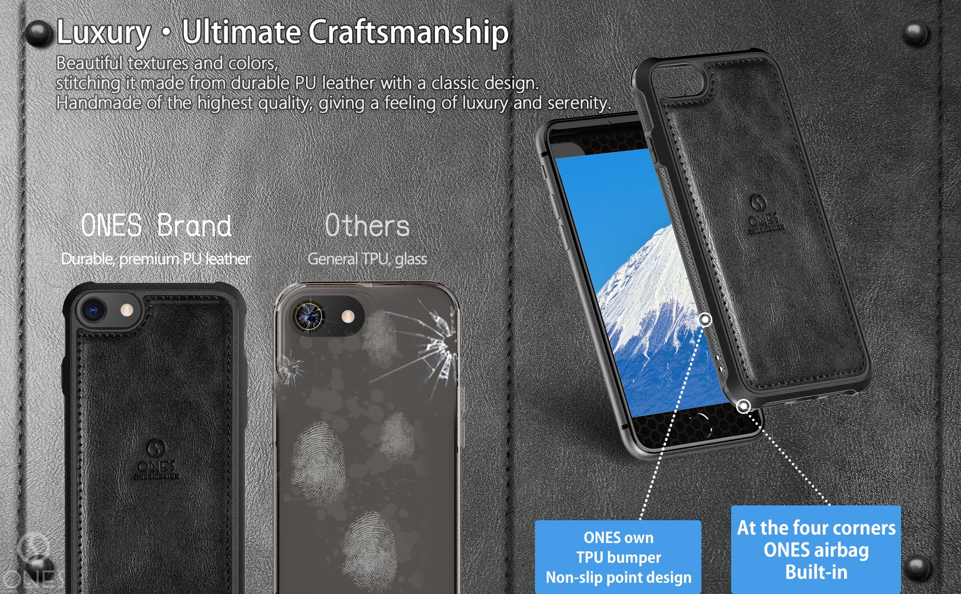 ONES for iPhone SE3 SE2 SE 8 7 PU Leather Case 『 Four Corner Airbags 』『 Anti-fingerprint 』『 TPU Bumper Non-slip 』『Wireless Charging』 Sturdy Impact Absorb Shockproof Hard Cover - Image 3