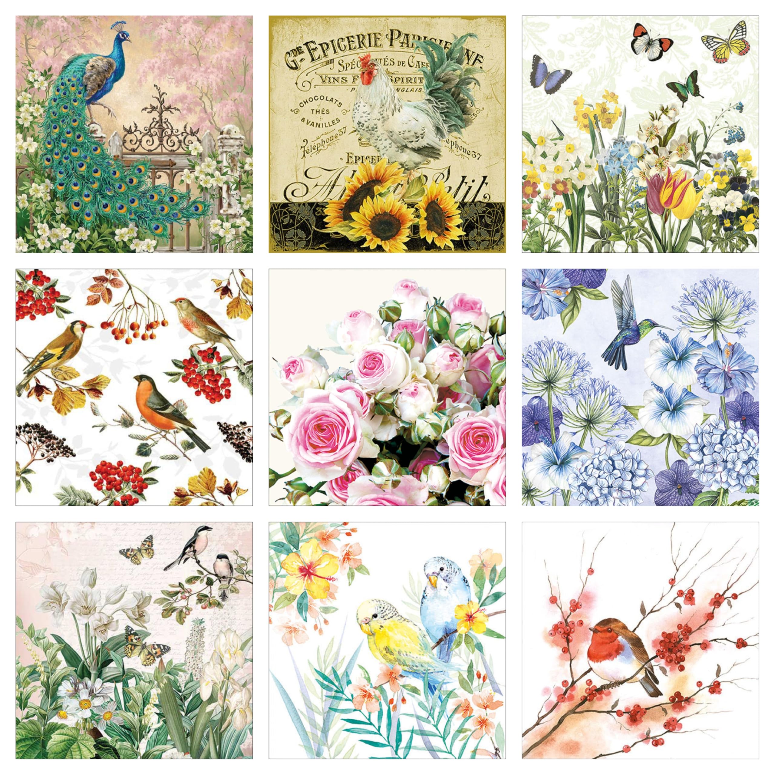 Decoupage Napkins Bird Print Set1-9 Decoupage Tissues -1 napkins of each design - BIRDS- 9 pc total