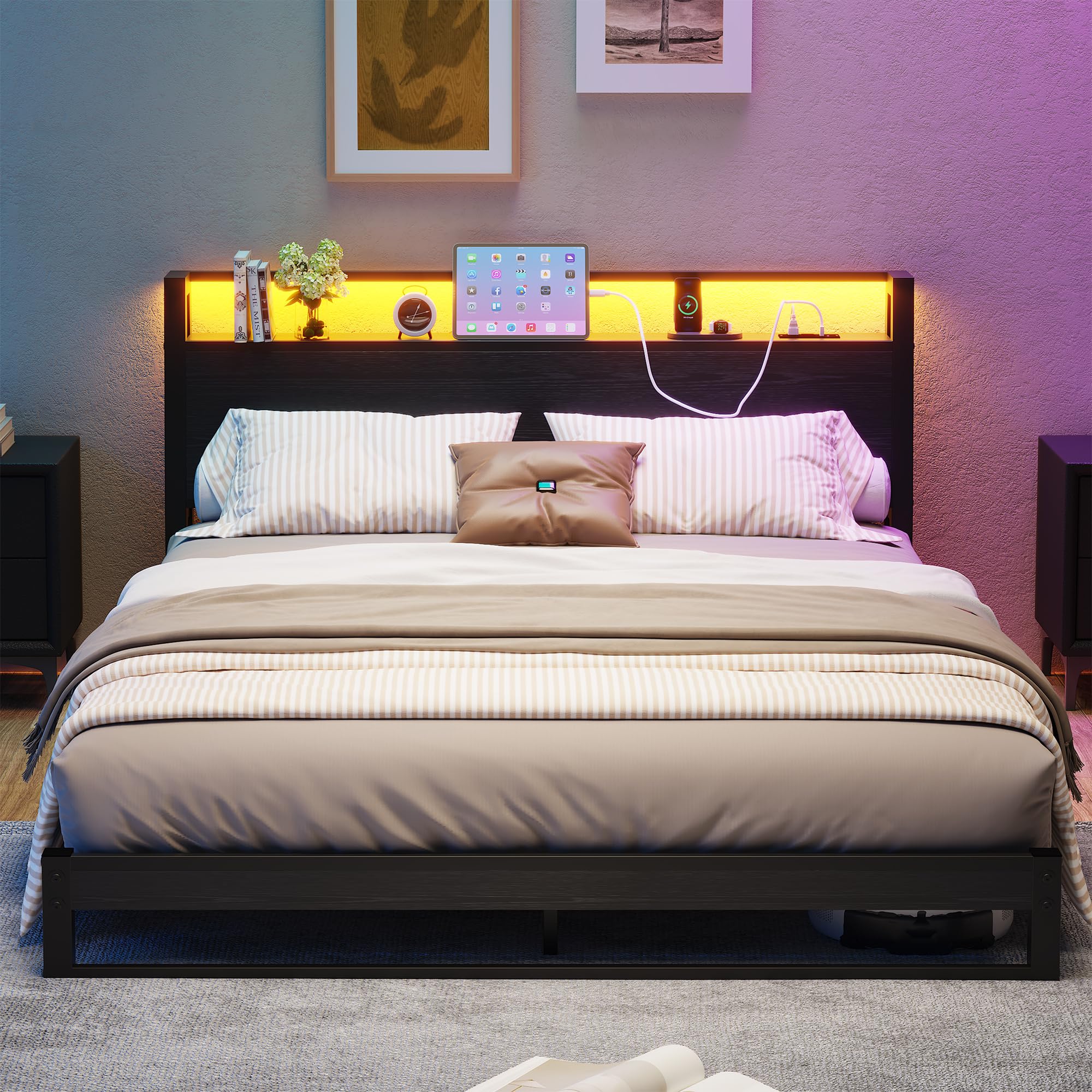 4ft6 Double Bed Frame with Ergonomic Storage Headboard,Metal Platform Low Bed Frame Double,Floor Bed Base with Charging Station and LED,Heavy Duty Mattress Foundation,Easy Assembly,No Noise,Black