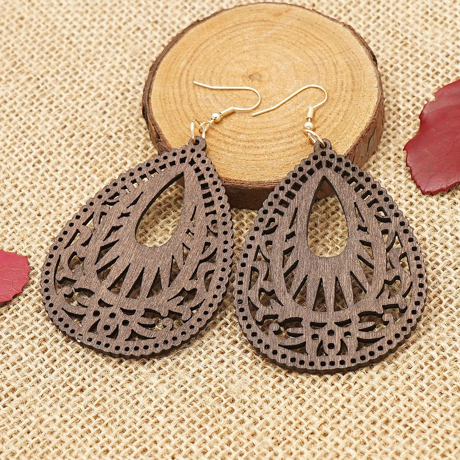 Wooden Hoop Earrings for Women 2 Pairs Natural Wooden Teardrop Earrings Lightweight Drop Dangle Earring - Image 4