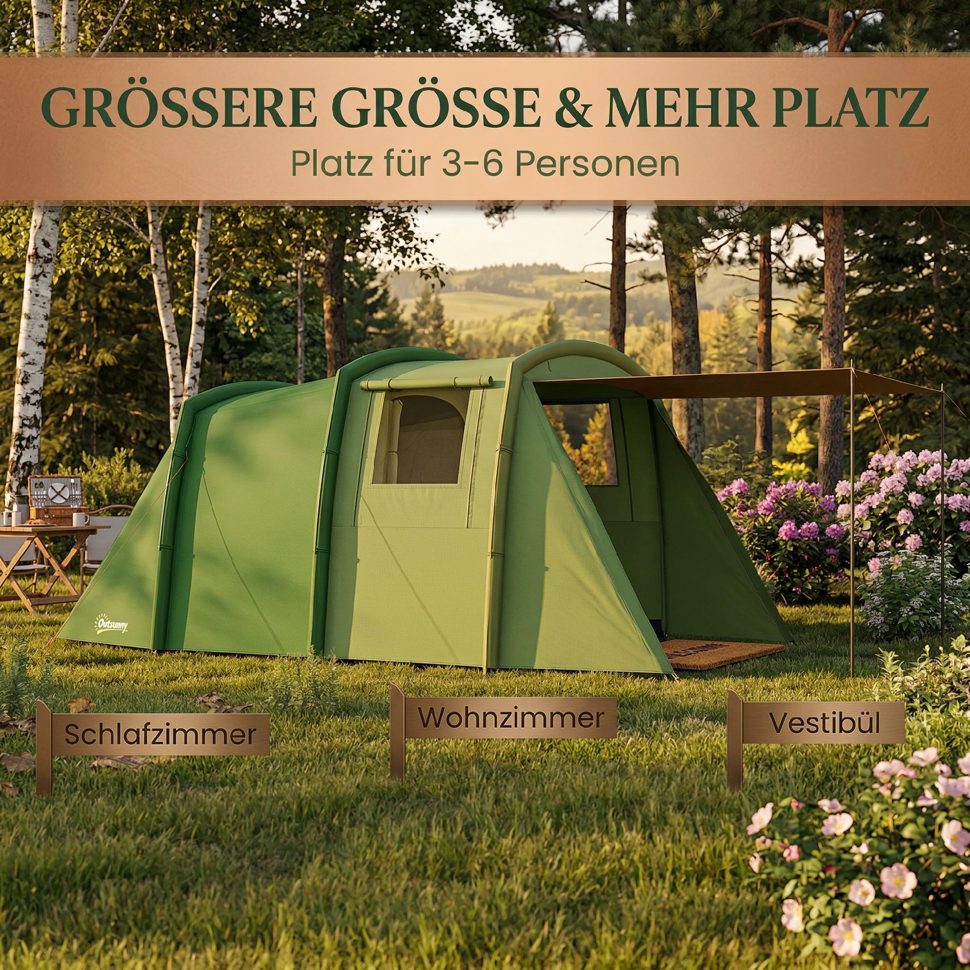 Outsunny Aufblasbares Zelt für 3–6 Personen Outdoor Campingzelt Familienzelt Luftzelt Glamping Zelt für 3 Jahreszeiten mit Luftpumpe UV50+ Winddicht Schneller Aufbau