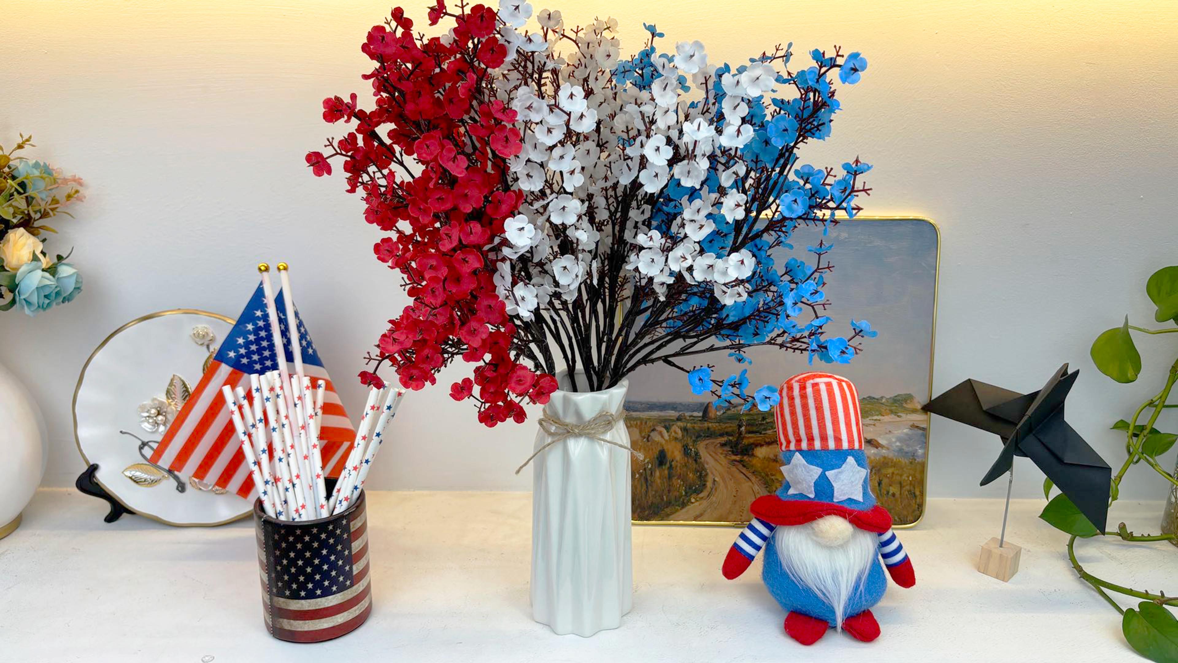 4th Of July Patriotic Flower Vase Set - Red White Blue Artificial Flowers With LED Lights & Glass Jar | Independence Day Decor