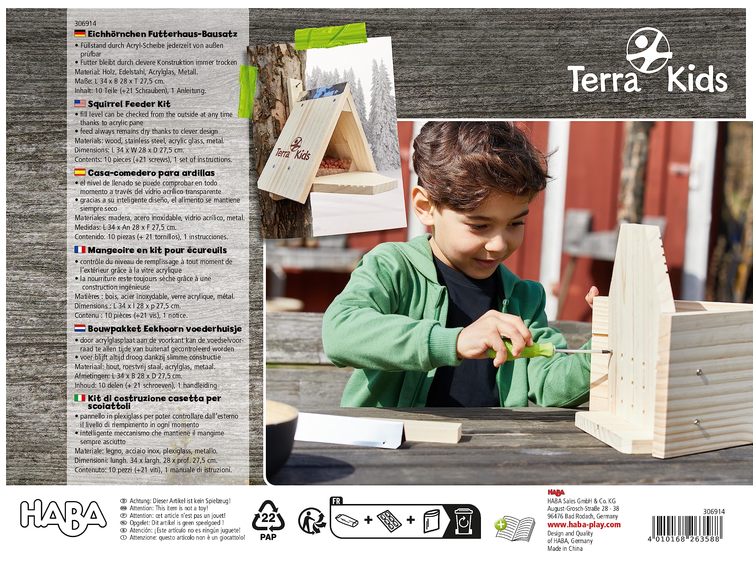 HABA - Terra Kids - Kit mangiatoia speciale scoiattoli - Kit fai da te per casa di scoiattolo solido - in legno PEFC - esterno e giardino - 306914