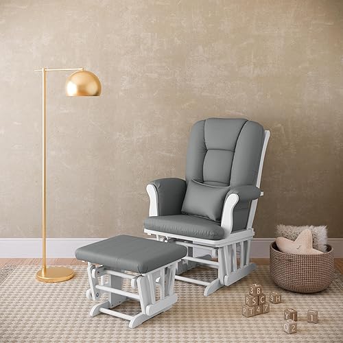 Miniatura 2 de Storkcraft Tuscany Custom Glider and Ottoman with Free Lumbar Pillow (White/Grey) - Cleanable Upholstered Comfort Rocking Nursery Chair with Ottoman
