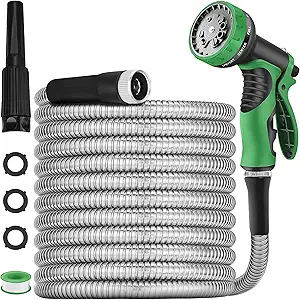 200 ft Garden Hose -Metal Water Hoses with Nozzle &10 Function Sprayer,Flexible, Heavy Duty,No Kink& Tangle, Lightweight, 304 Stainless Steel Watering Car Washing hoses Pipe for Outdoor,Yard,Gardening