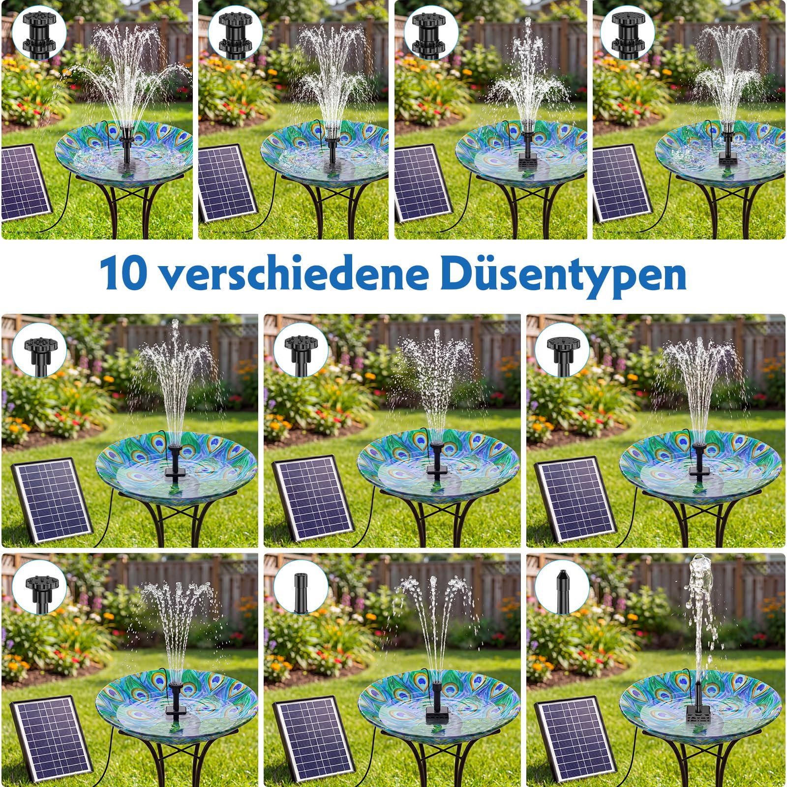 AISITIN 6,5W Solarbrunnen für Draussen, Eingebaute 1500mAh Batterie Solar Springbrunnen für Außen, Schwimmender Fontäne Pumpe mit 10 Fontänenstile für Garten,Vogel-Bad,Teich,Fisch-Behälter,Wasserspiel