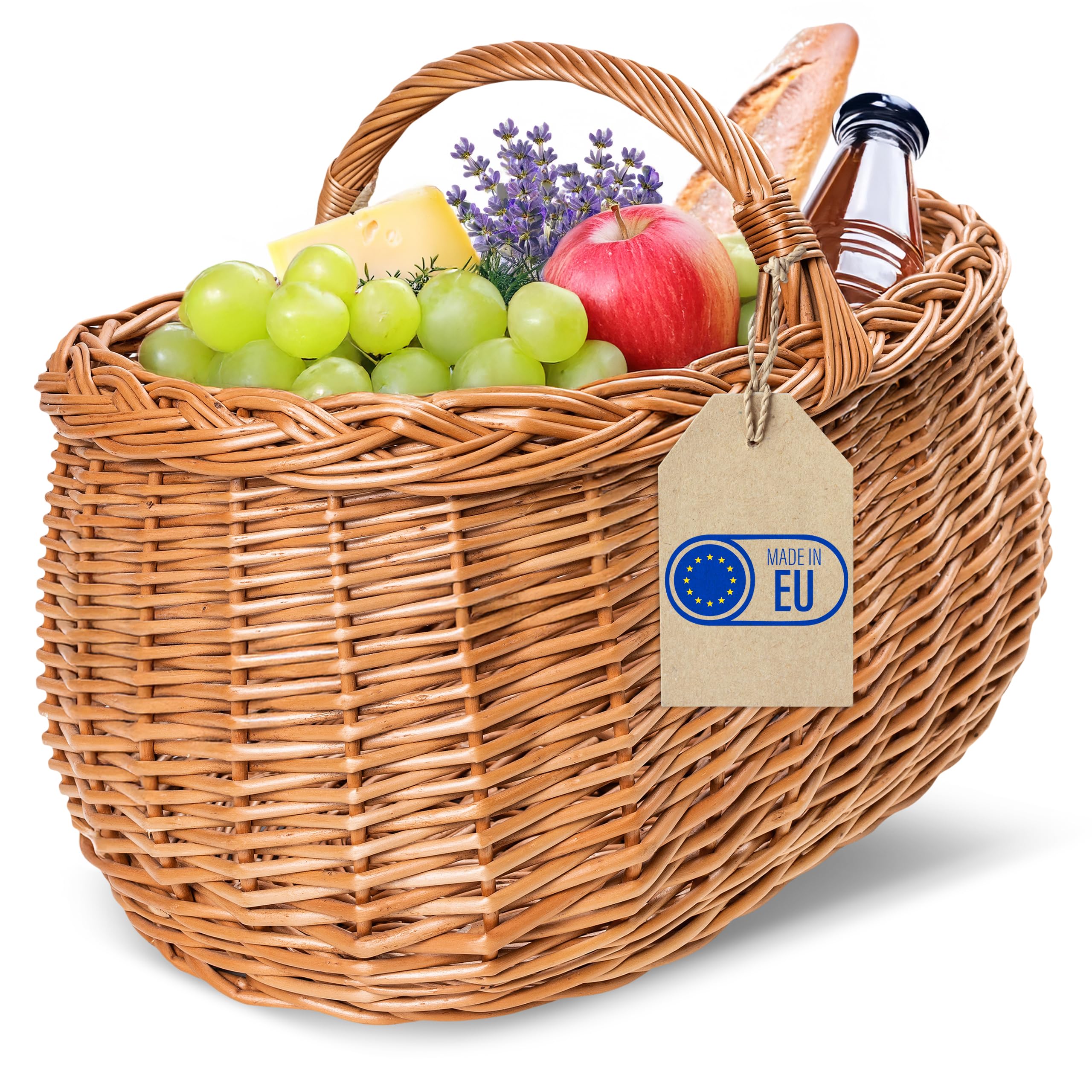 Creative Home Cestino in Vimini con Manico e Treccia | Cestino per Auto, Cesto Funghi Picnic | 45 x 32 x 34 cm (+/- 1 cm) | Intrecciato a Mano, Durevole | Salice Naturale Marrone Spesso | Multiuso