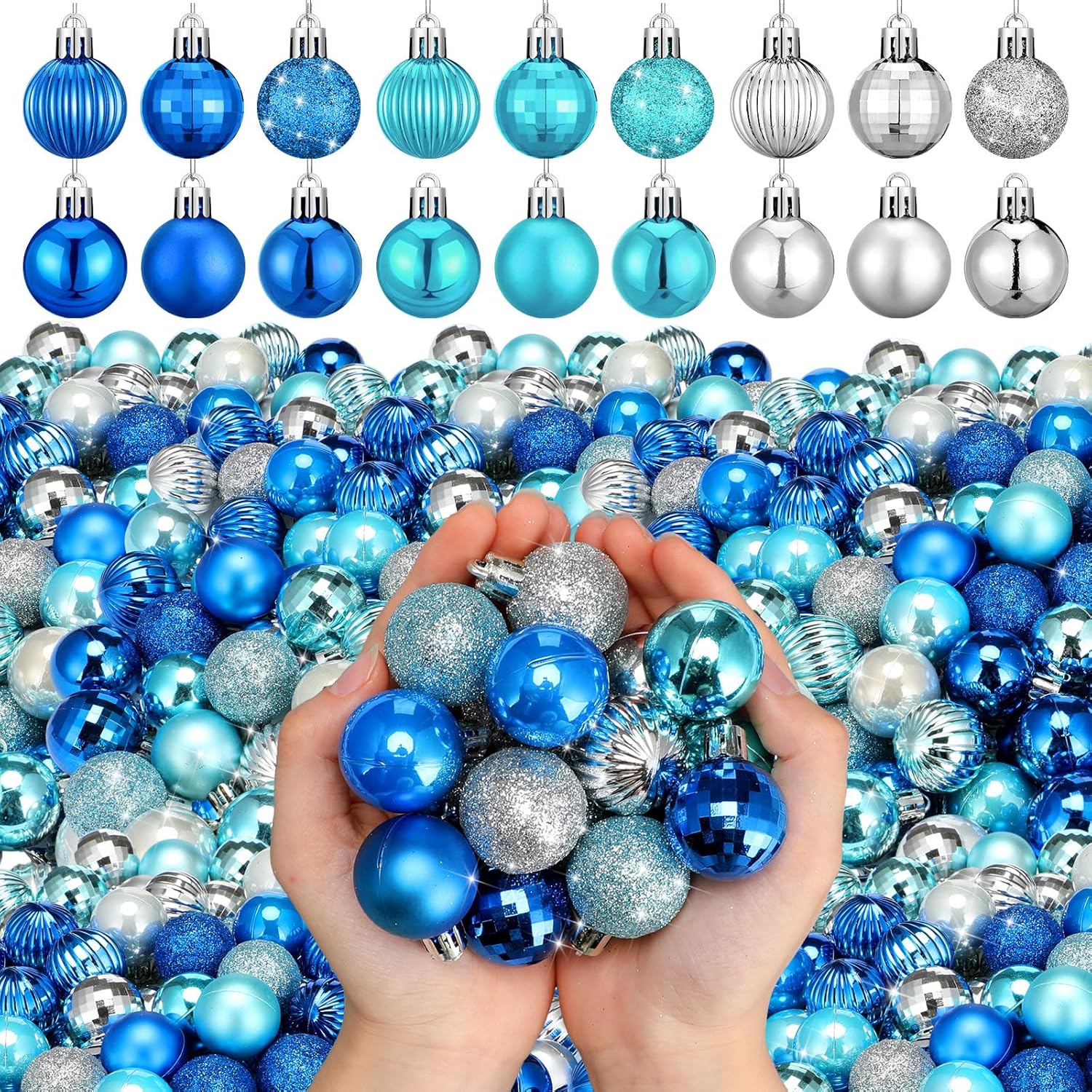 Shappy 216 Pcs Mini Christmas Ball Ornament 1.18 Inch Small Christmas Tree Decorations 6 Styles Shatterproof Xmas Ball with Hanging Loop for Holiday Party Wreath Xmas Tree(Silver, Blue)