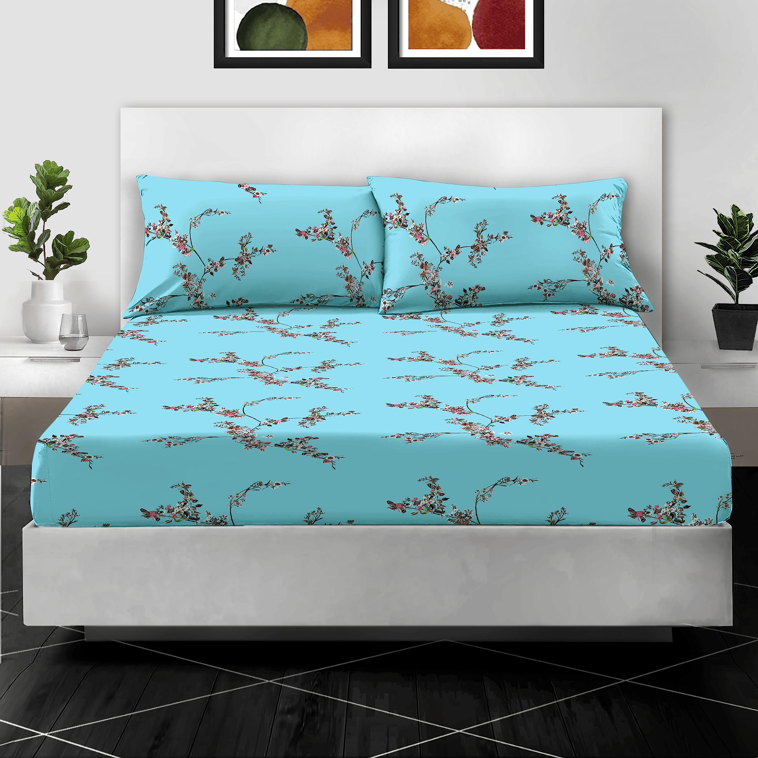 RAYBedding Printed Double Fitted Sheet 100% Egyptian Cotton Floral Pattern 400 Thread Count 30cm/12” Extra Deep Fitted Double Bed Sheets — image 1