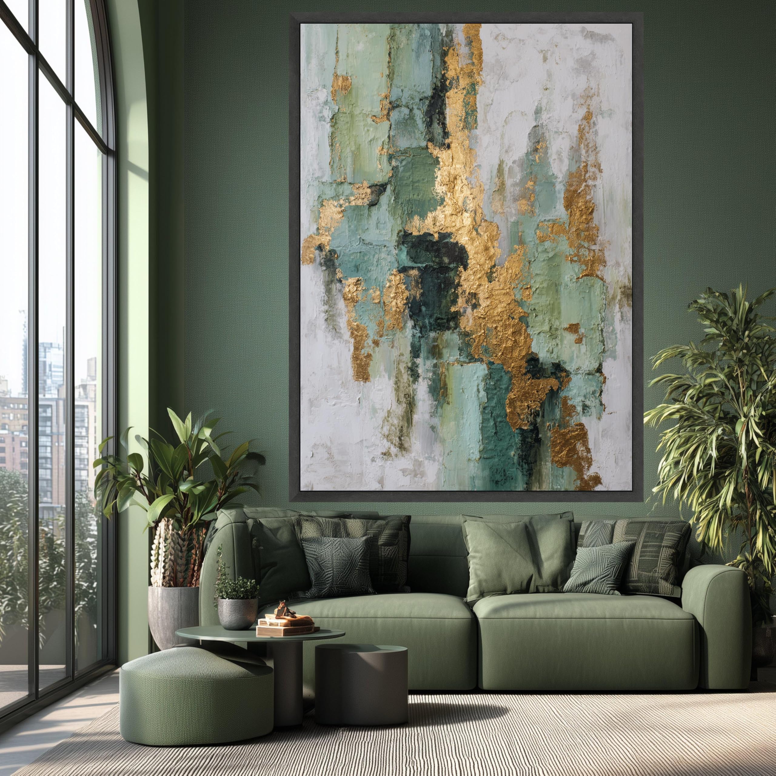 UUDEZO Cuadro abstracto verde y dorado para pared, elegante obra de arte en lienzo para sala de estar (90x110 cm (35x43 pulgadas)