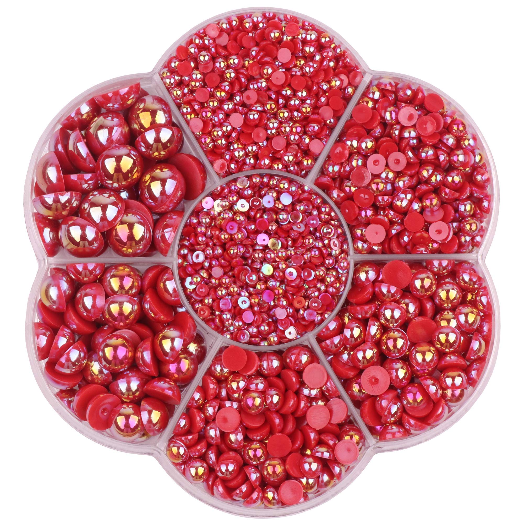 YAKA 3000PCS 1 Box 7Sizes Round Flatback Half Pearls Bead Loose Beads Gem Scrapbook Craft (Half Beads/AB Bright Color) (Red)