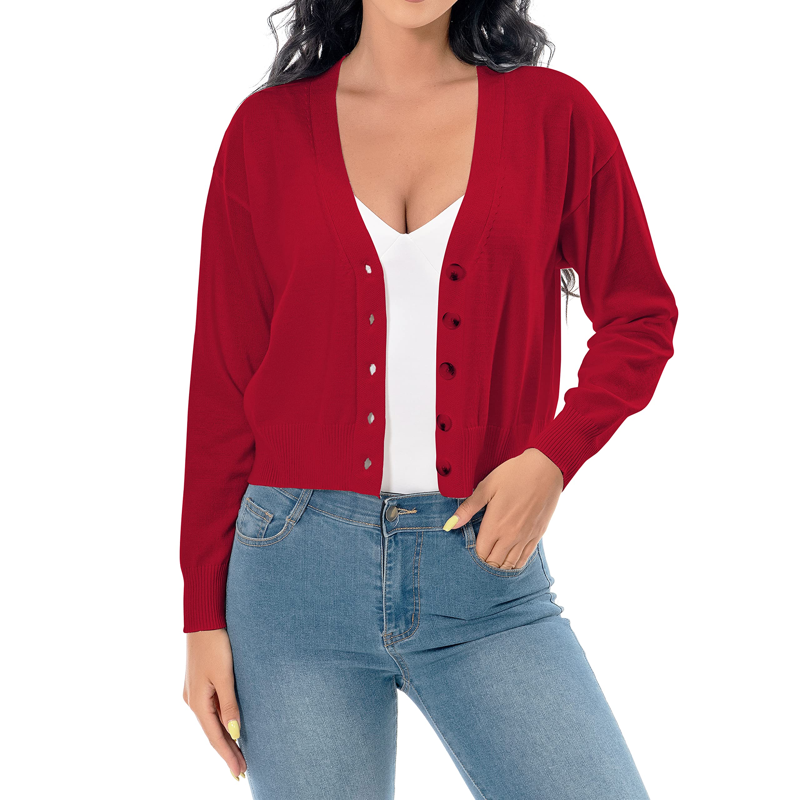 Satuun Women's V Neck Long Sleeve Cropped Cardigan Sweaters Bolero Shrugs