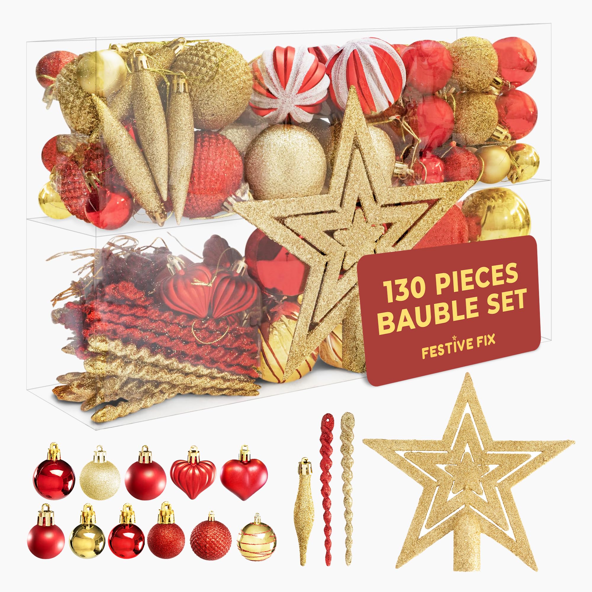 Festive Fix 130-Piece Christmas Tree Decorations Set – Red & Gold Baubles, Snowflakes & Tree Topper – Shatterproof Ornaments for Xmas Décor, Glitter & Matte Finishes, Luxury Holiday Bauble Set