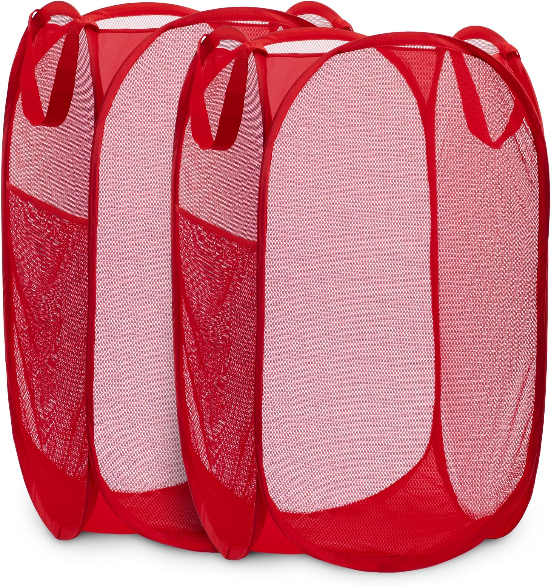 Collapsible Mesh Pop Up Laundry Hamper 2-Pack – Space-Saving, Breathable Basket with Wide Opening & Side Pocket, Durable & Foldable for Clothes, Storage, Travel, Dorm, Red