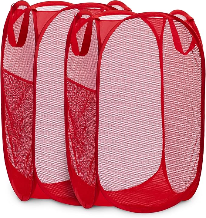 Mesh Popup Laundry Hamper - Portable, Durable Handles, Collapsible for Storage and Easy to Open. Folding Pop-Up Clothes Hampers are Great for The Kids Room, College Dorm or Travel. (Red | Set of 2)
