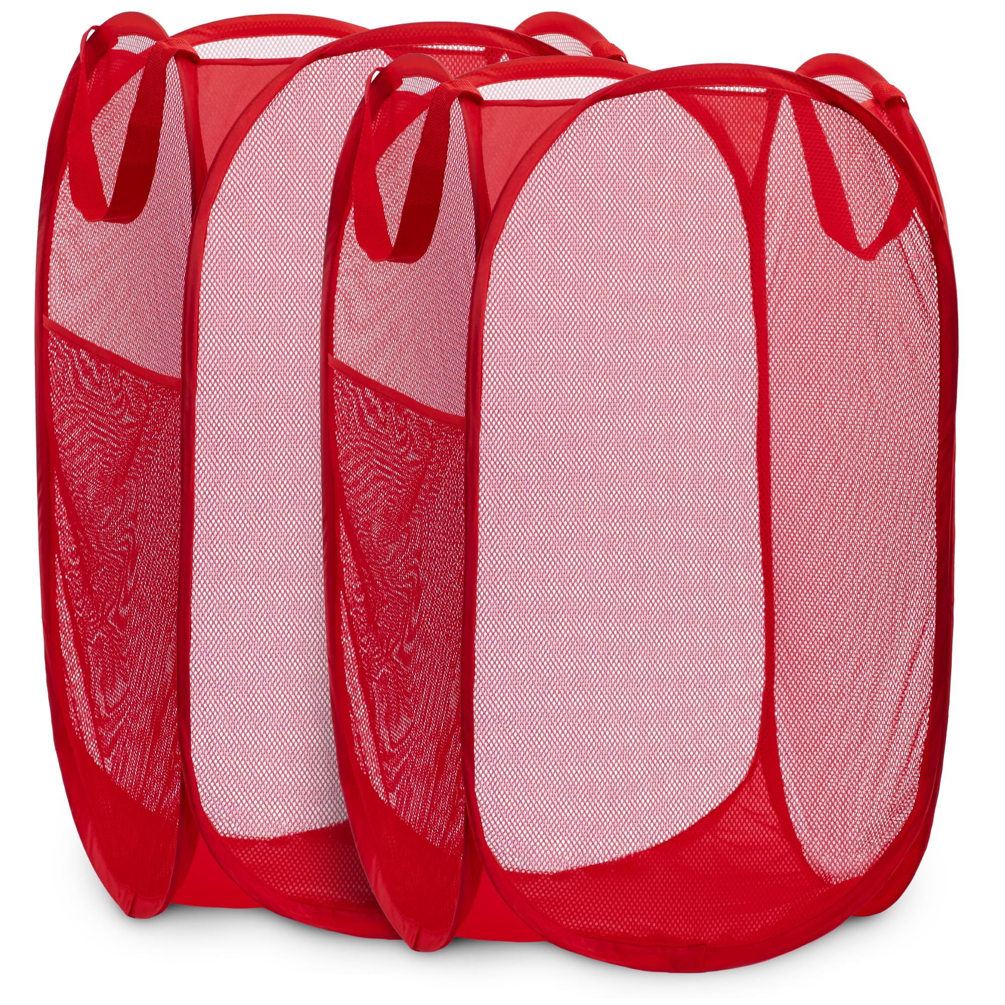 Handy Laundry Collapsible Mesh Pop Up Hamper with Wide Opening and Side Pocket - Breathable, Sturdy, Foldable, and Space-Saving Design for Clothes and Storage (Red | 2-Pack)