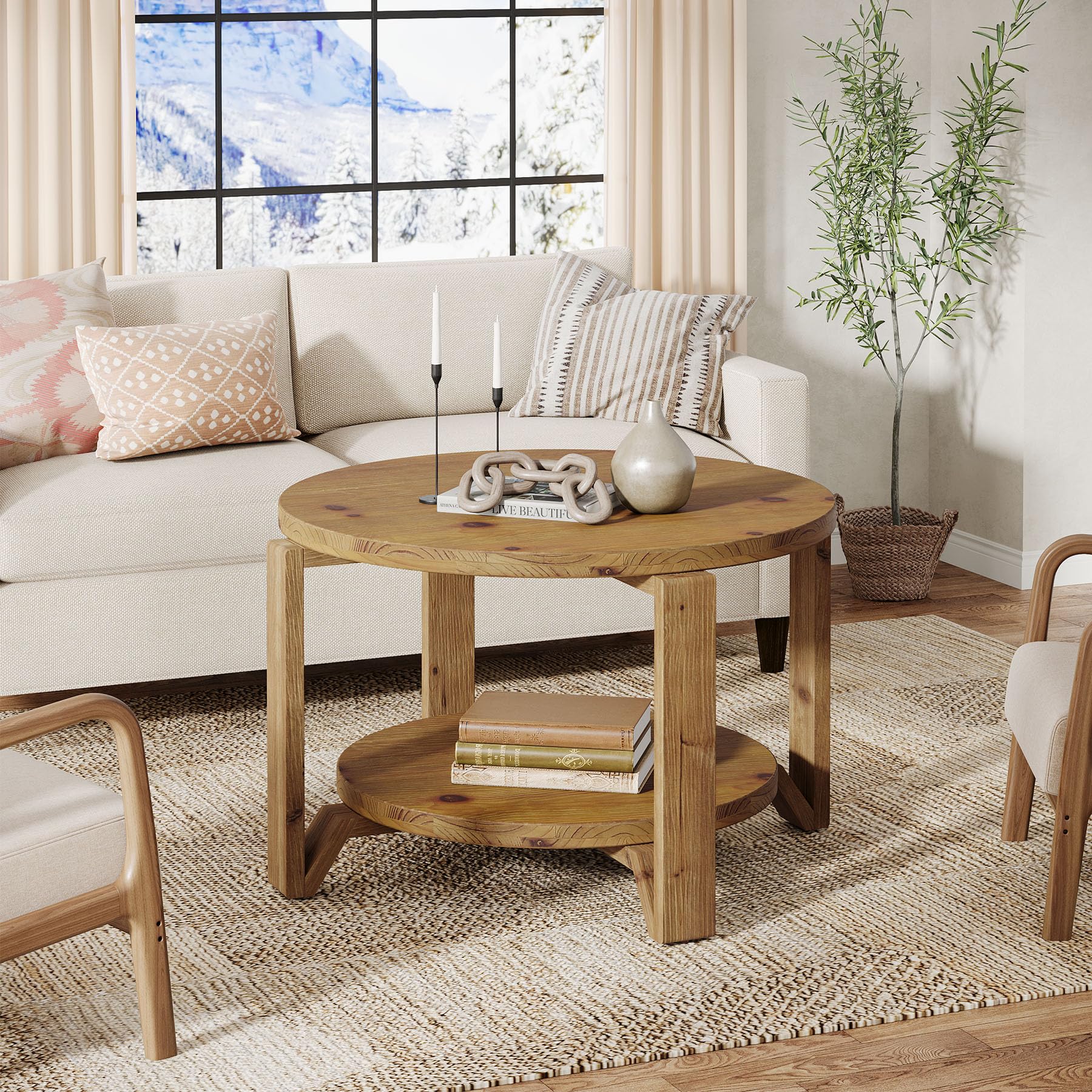 Tribesigns Mesa de Centro Redonda de Madera Maciza, 80cm Mesa Centro Madera de 2 Niveles con Estantes de Almacenamiento, Moderno Acento de Madera Central para Sala de Estar, Oficina en Casa, Marrón