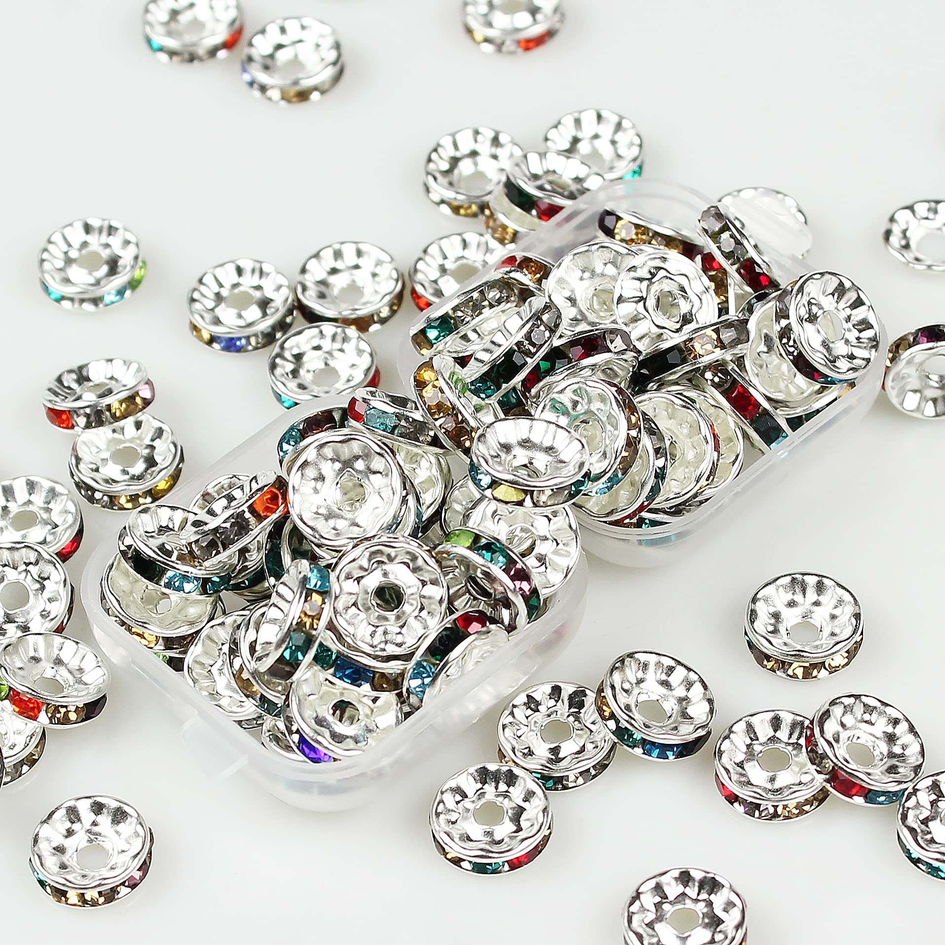 MJDCB 8mm 100 pezzi Perline Strass Brillante Cristalli Distanziatori per Bracciali e Collane Accessori per Gioielli(Argento/Multicolore