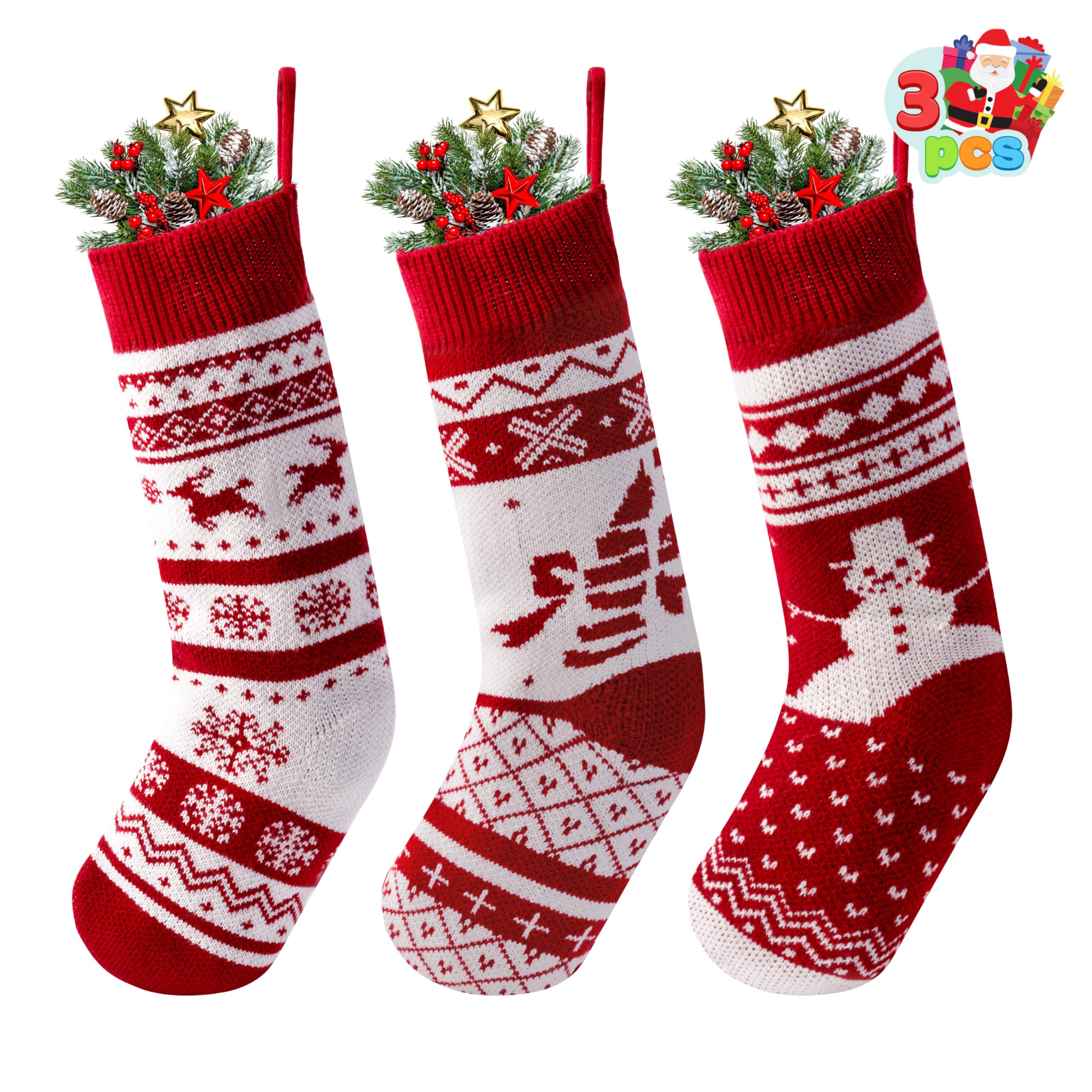 JOYIN 3er-Pack 18" gestrickte Weihnachtsstrümpfe, große Weihnachtsstrümpfe aus rustikalem Garn für die Weihnachtsdekoration der Familie
