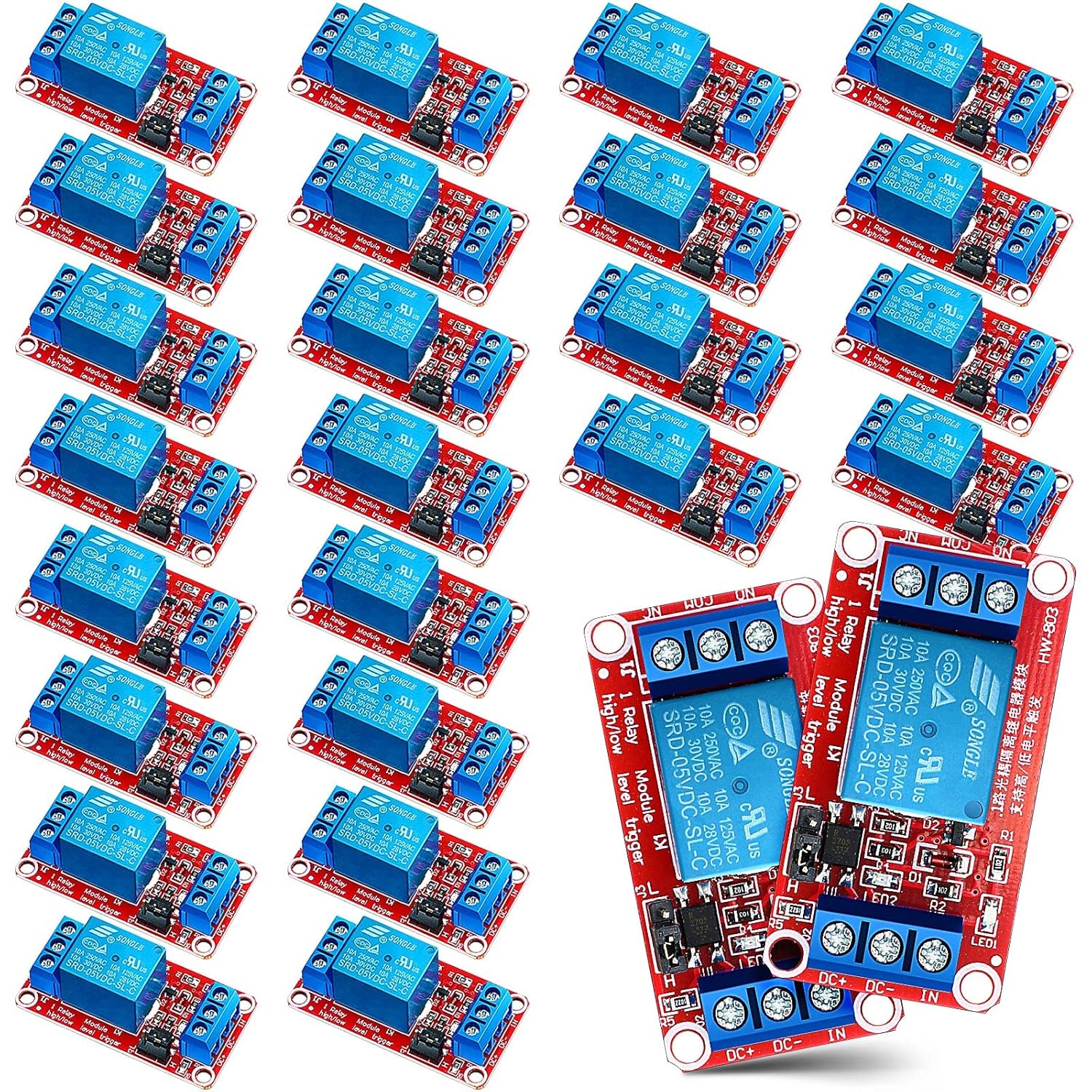 Kigeli 24 Pcs 5v Relay Module One Channel Switch with Optocoupler and Opto Isolation, Compatible with High and Low Level Triggers, 19.69 x 10.24 x 7.09 Inches