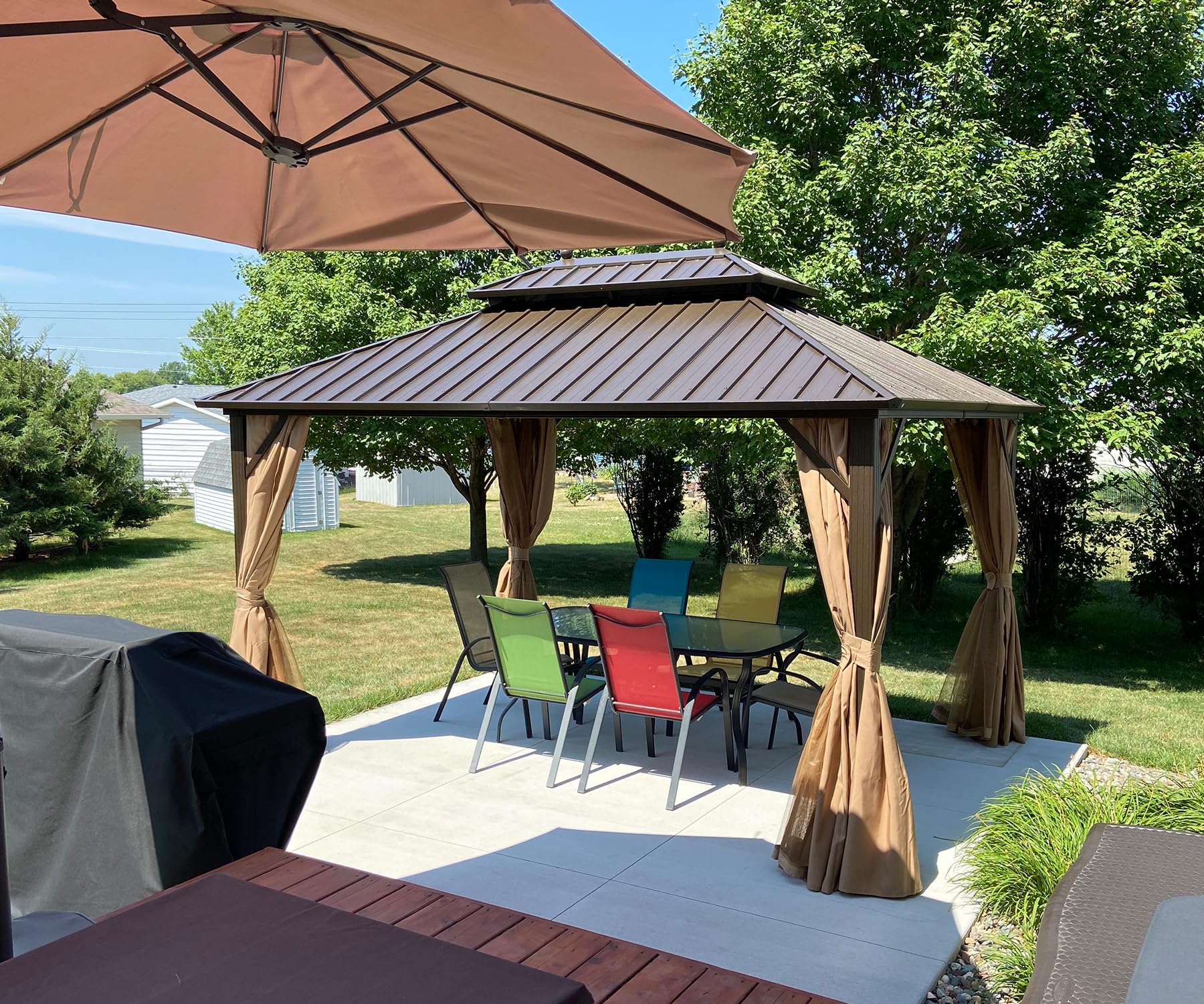 Domi 12' x 16' Hardtop Gazebo Permanent Metal Gazebo with Galvanized Steel Double Roof, Curtains and Netting for Party, Wedding, Outdoor Dining, Patio