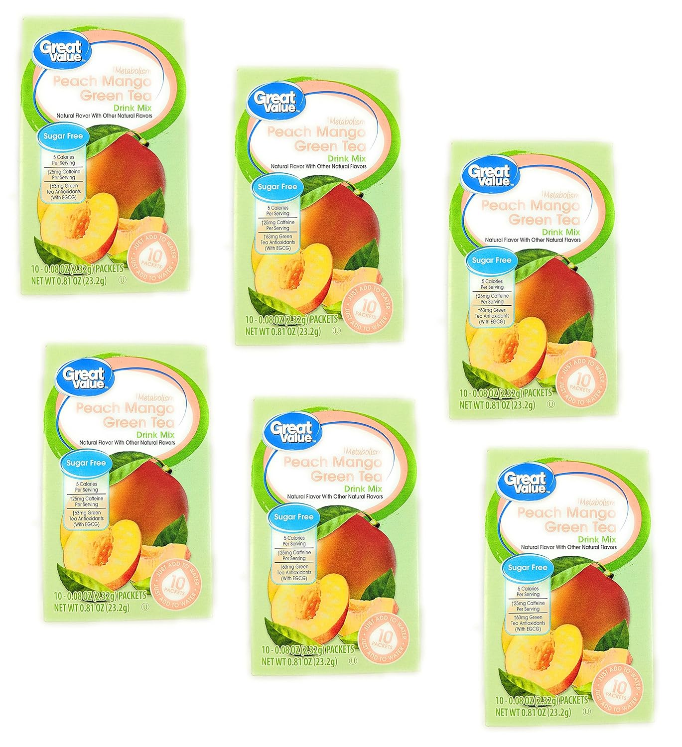 Great Value Metabolism Peach Mango Green Tea Drink Mix, 10ct (Pack of 6)