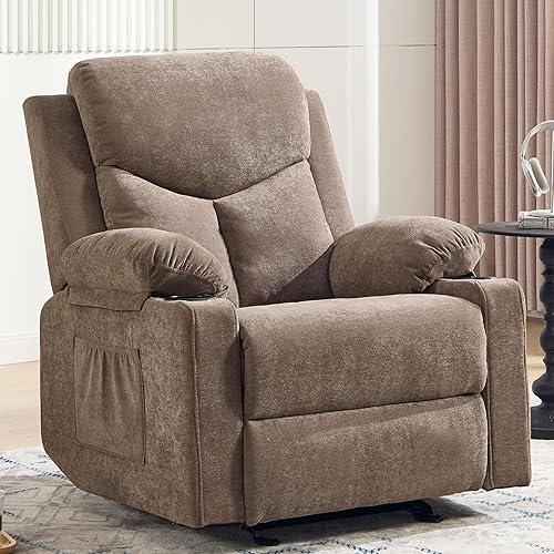 Rocker Recliner Chair with 8-Point Vibration Massage, Manual Glider Recliner for Living Room Bedroom Nursery, Overstuffed Velvet Sofa Chair with Cup Holders & Side Pockets, 350lbs,Coffee