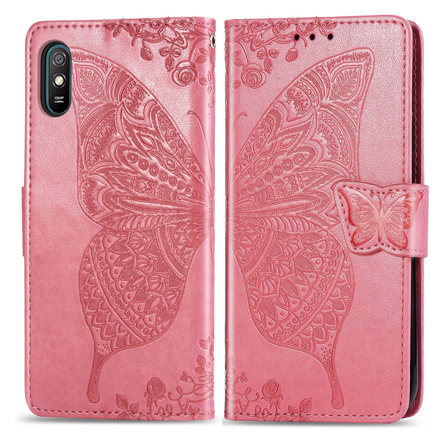 Custodia Portafoglio Per Xiaomi Redmi 9AT Con Diamanti Scintillanti, 2 Pellicole Vetro Temperato E Cordino - Farfalla Blu