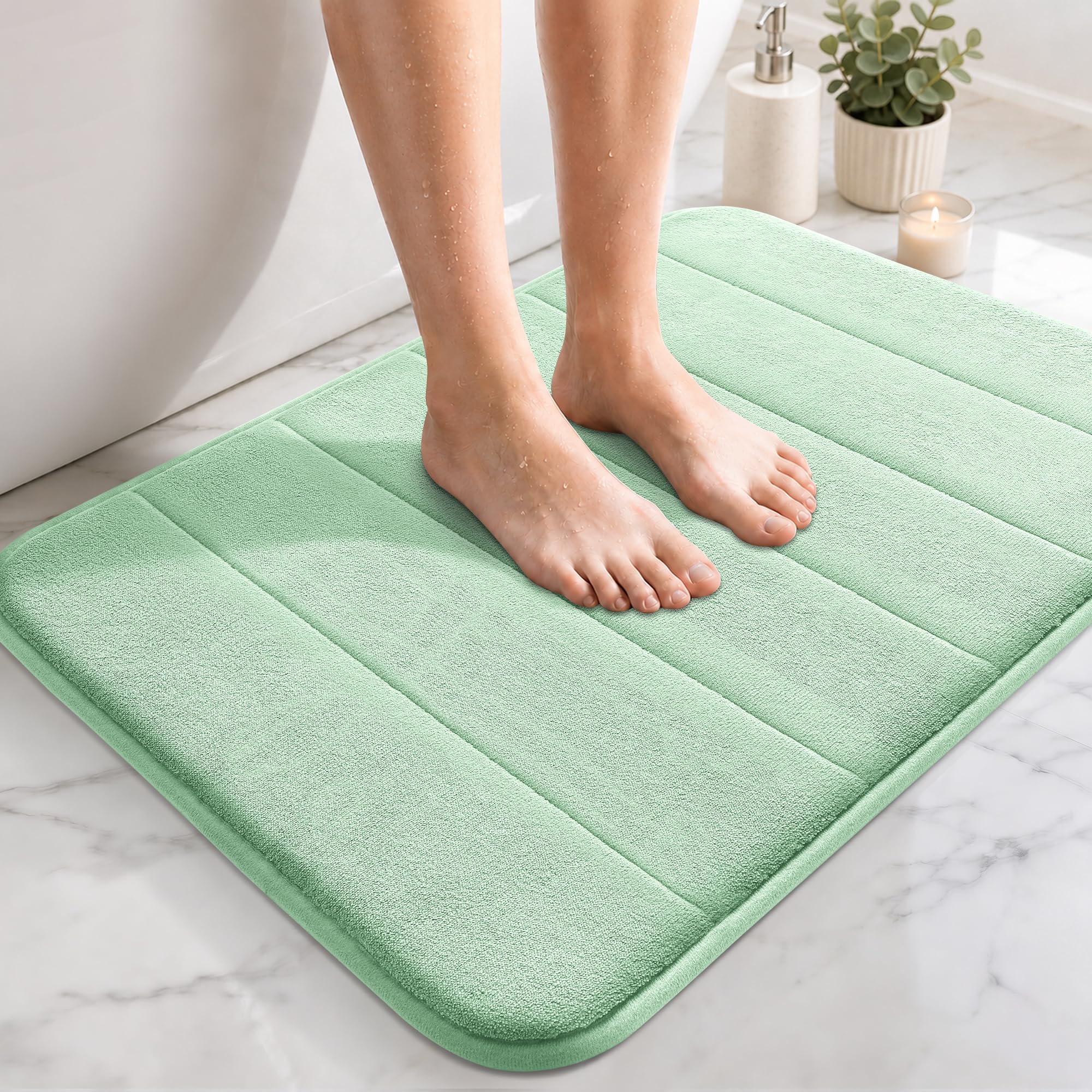 Yimobra Memory Foam Bath Mat 43 x 61 cm, Non Slip Bathroom Mat, Soft Absorbent Quick Dry Bath Rug, Machine Washable for Shower, Sink and Bathroom, Pale Green