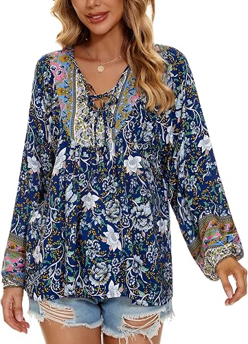Vogebund Womens Casual Peasant Tops Floral Print Bohemian Beach Shirt Flowy V-Ne