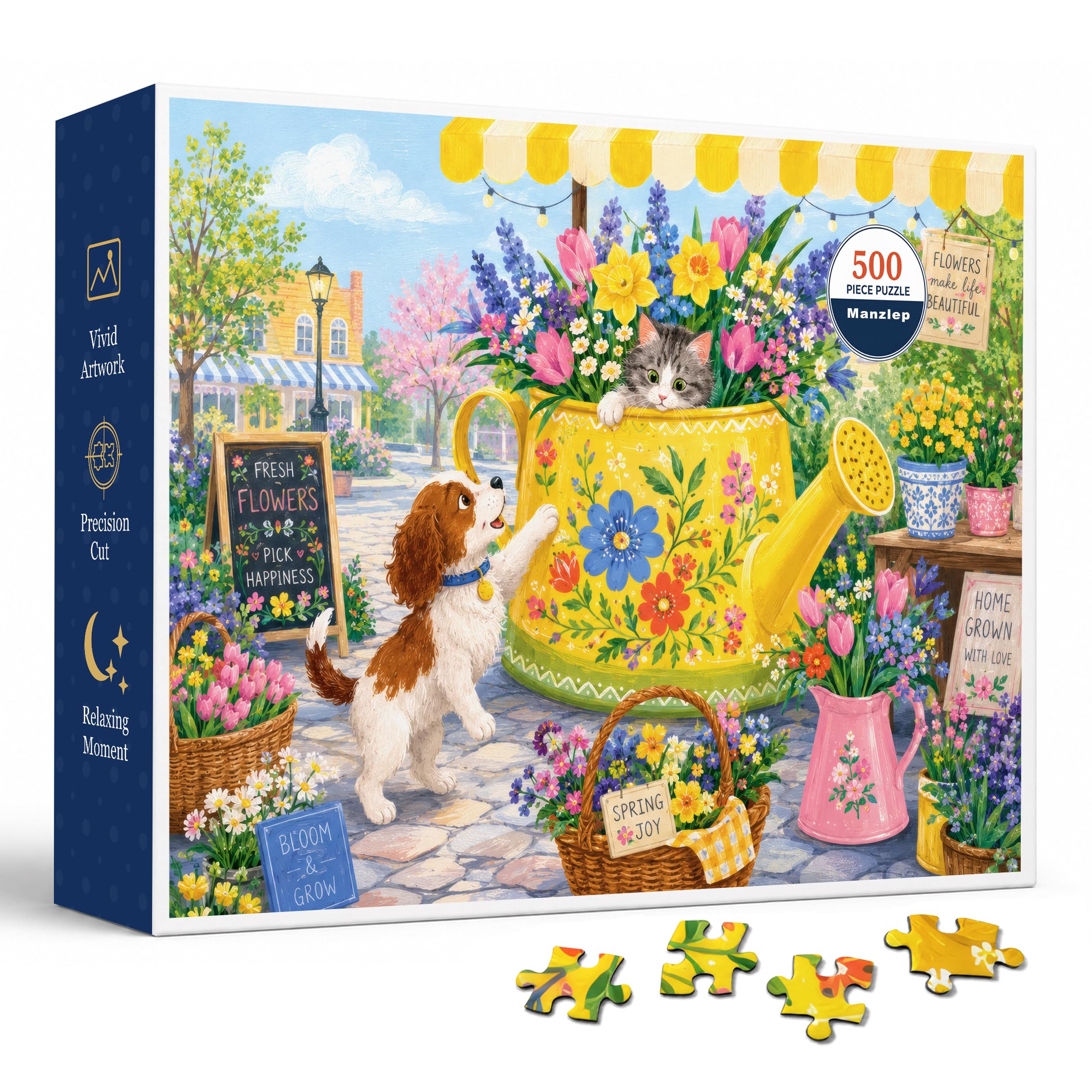 Flower Market 500 Piece Jigsaw Puzzle for Adults, cheerful garden shop scene with yellow watering can, spring blossoms, striped awning, village street, playful dog and cat, 20.5 x 15 in finished size
