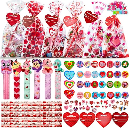 JOYIN Paquete de 28 regalos de papelería para el día de San Valentín para niños, bolsas de golosinas con juego de recuerdos de fiesta para
